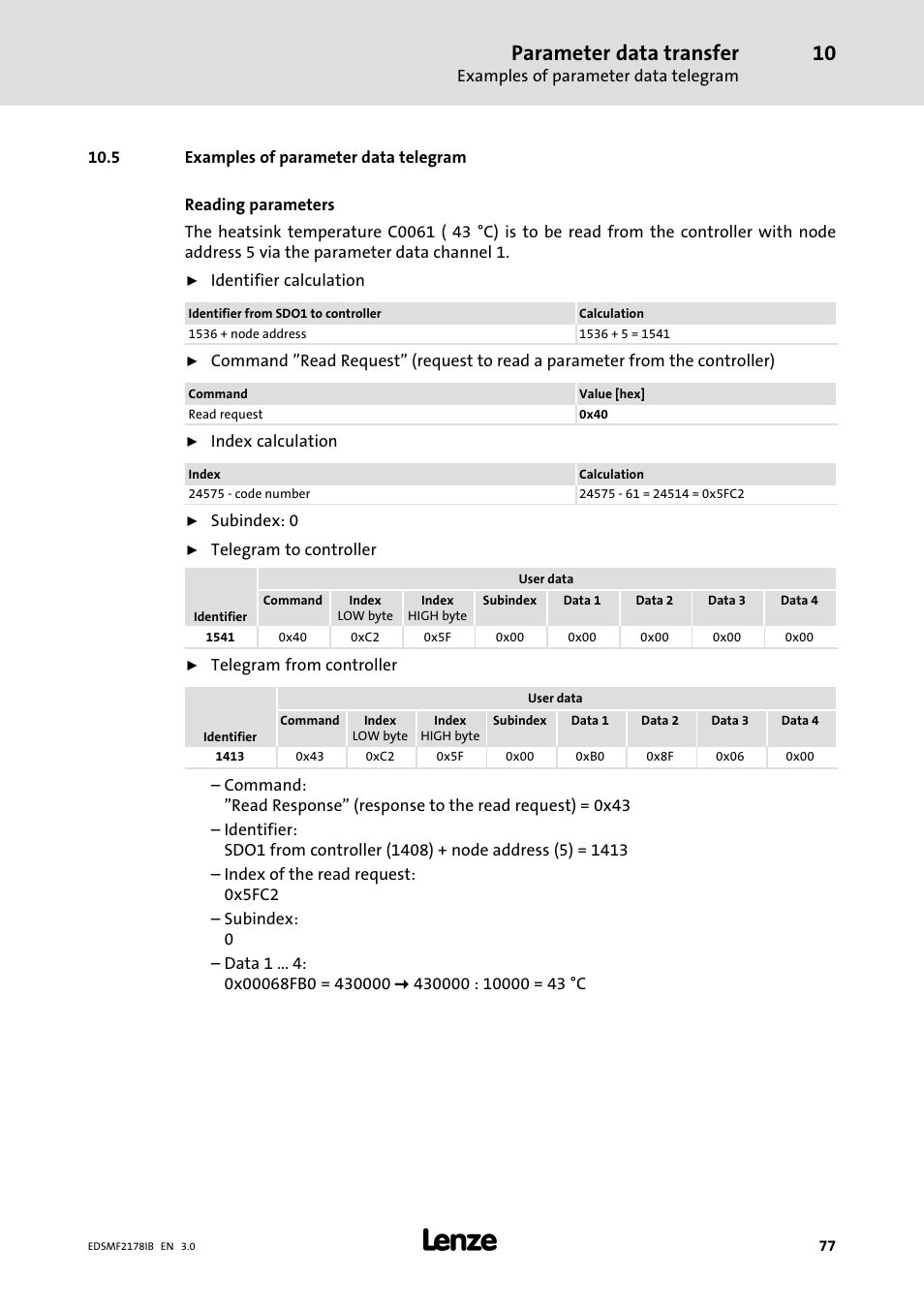 5 examples of parameter data telegram, Parameter data transfer | Lenze EMF2178IB User Manual | Page 77 / 154