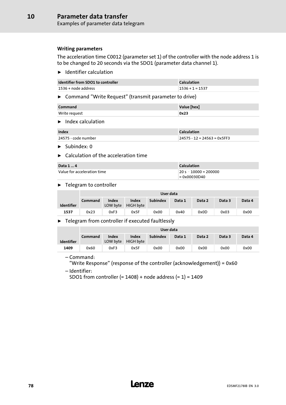 Parameter data transfer | Lenze EMF2178IB User Manual | Page 78 / 154