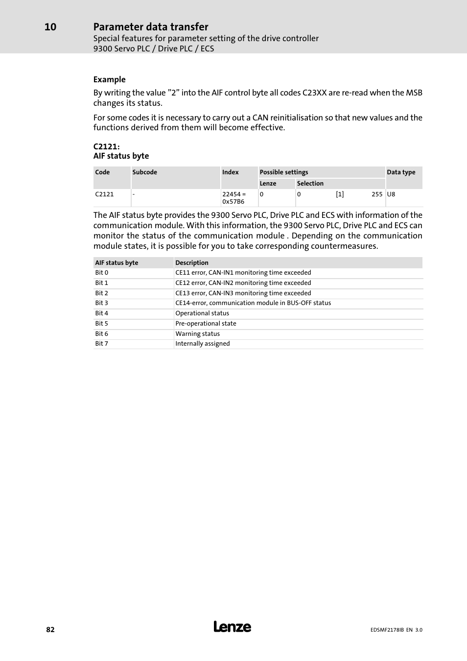 Parameter data transfer | Lenze EMF2178IB User Manual | Page 82 / 154