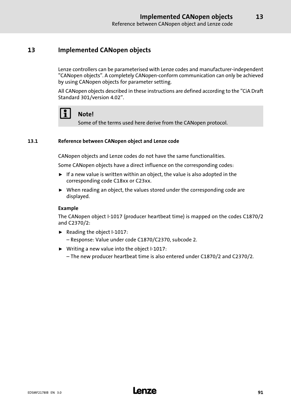 13 implemented canopen objects, 1 reference between canopen object and lenze code, Implemented canopen objects | Lenze EMF2178IB User Manual | Page 91 / 154