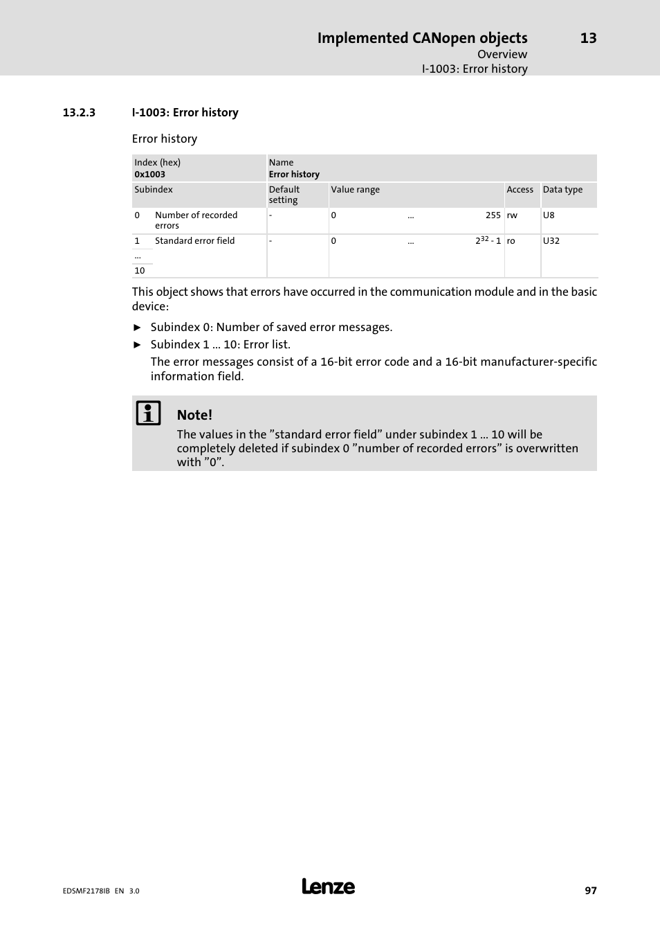 3 i-1003: error history, I−1003: error history, Implemented canopen objects | Lenze EMF2178IB User Manual | Page 97 / 154