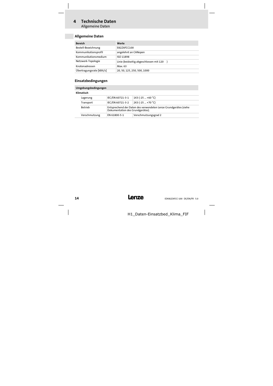 4 technische daten, Allgemeine daten, Einsatzbedingungen | Technische daten, 4technische daten | Lenze E82ZAFCC100 User Manual | Page 14 / 96