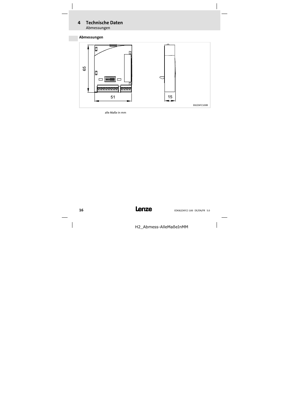Abmessungen | Lenze E82ZAFCC100 User Manual | Page 16 / 96
