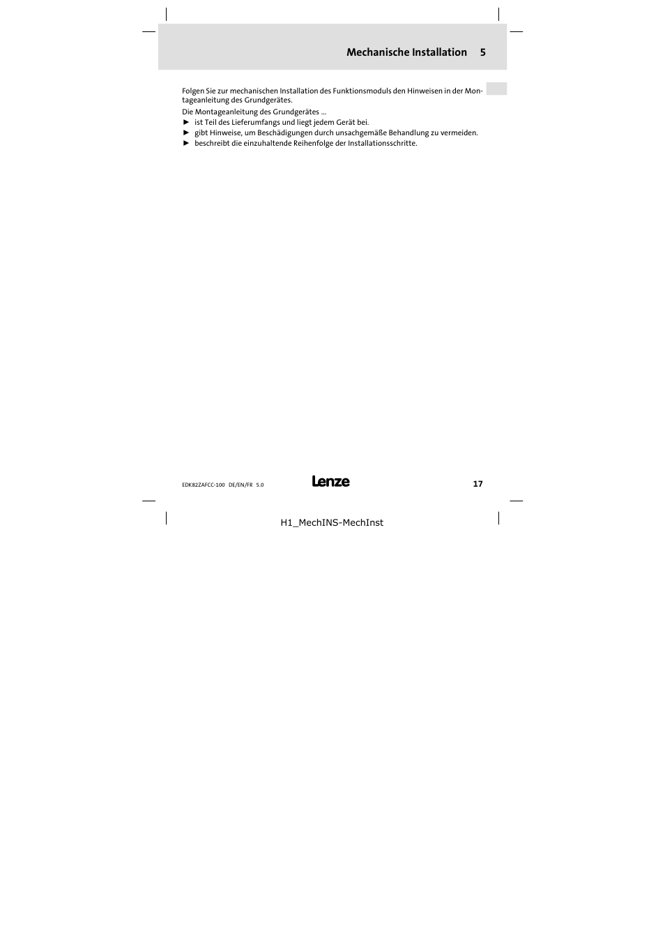 5 mechanische installation, Mechanische installation, Mechanische installation 5 | Lenze E82ZAFCC100 User Manual | Page 17 / 96