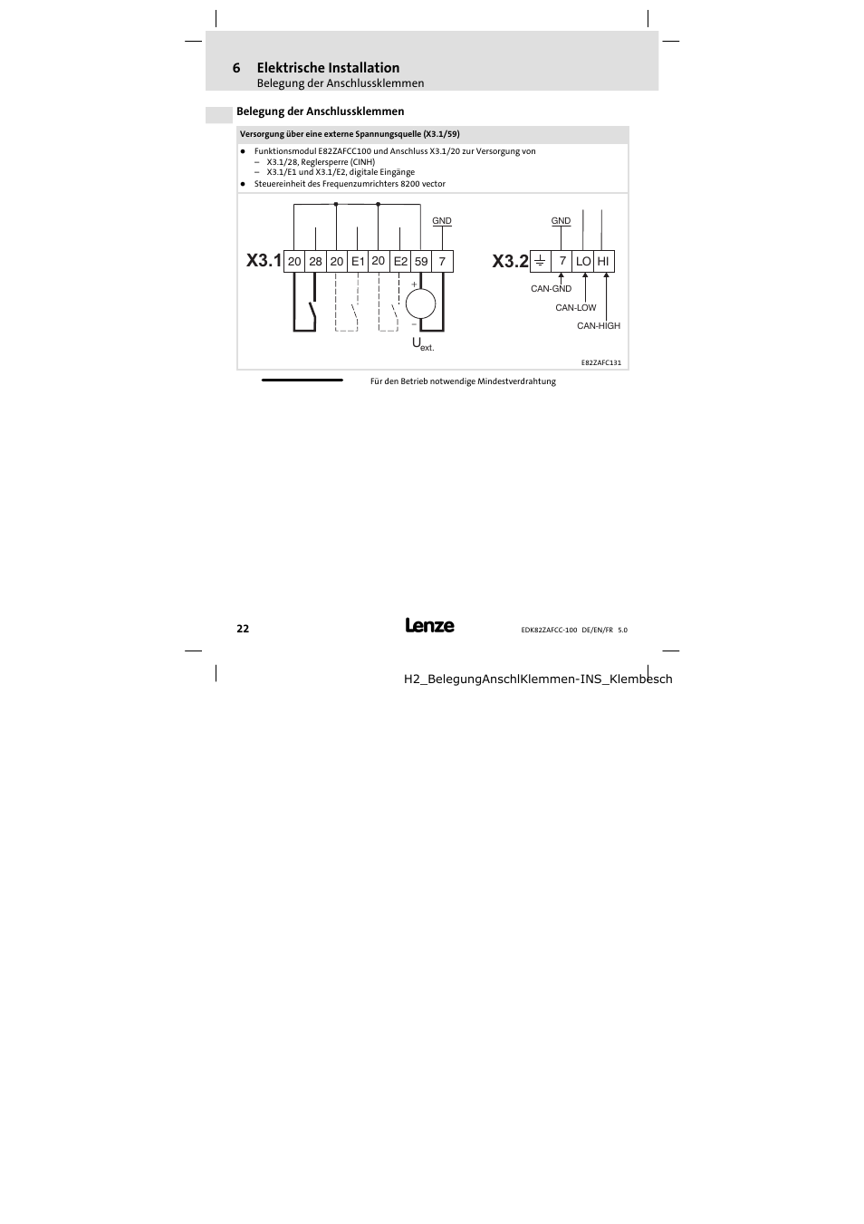 Belegung der anschlussklemmen, X3.1, X3.2 | Lenze E82ZAFCC100 User Manual | Page 22 / 96