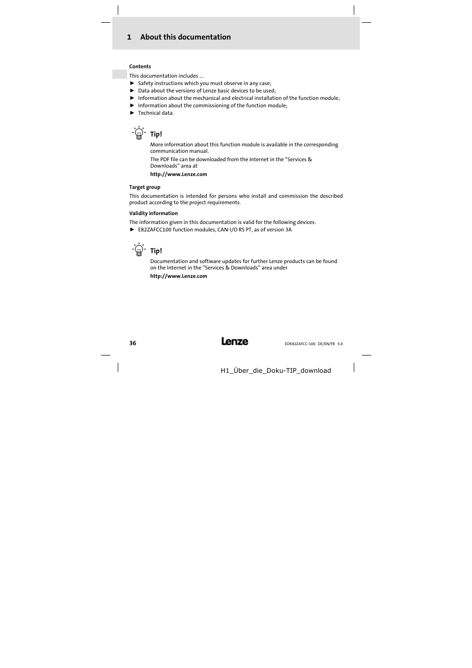 1 about this documentation, About this documentation | Lenze E82ZAFCC100 User Manual | Page 36 / 96