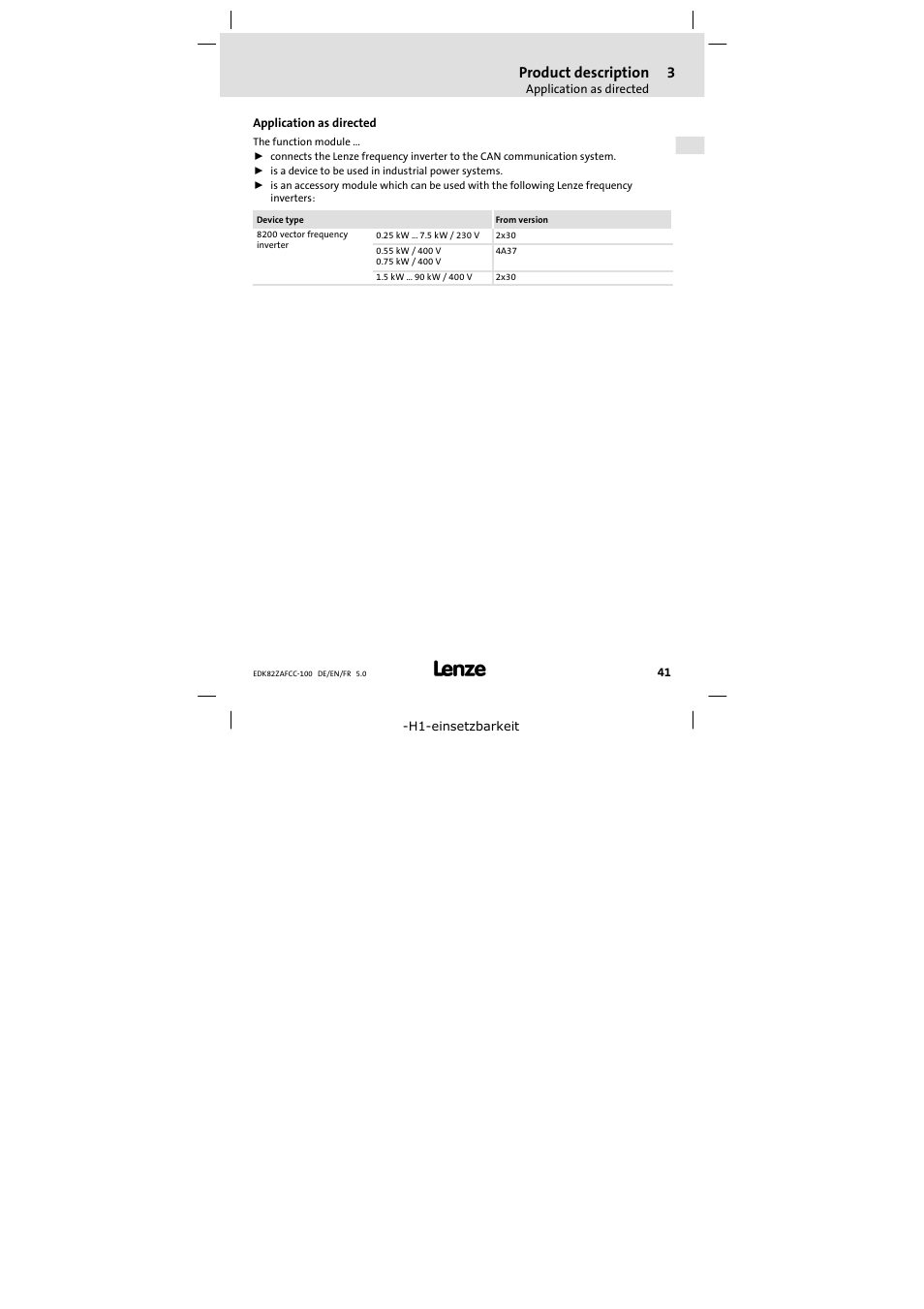 3 product description, Application as directed, Product description | Lenze E82ZAFCC100 User Manual | Page 41 / 96