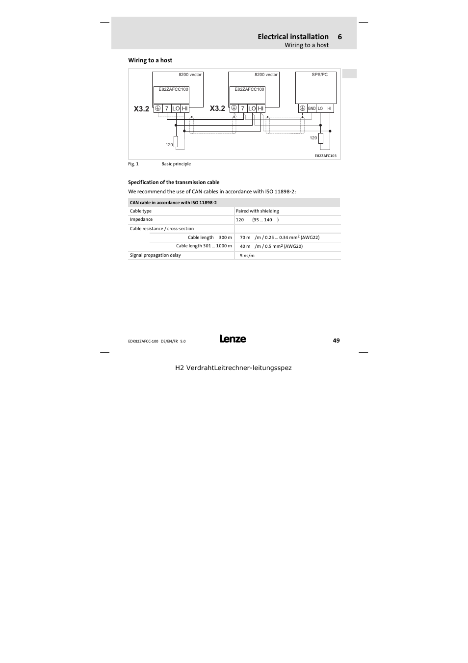 Wiring to a host, Electrical installation, X3.2 | Lenze E82ZAFCC100 User Manual | Page 49 / 96