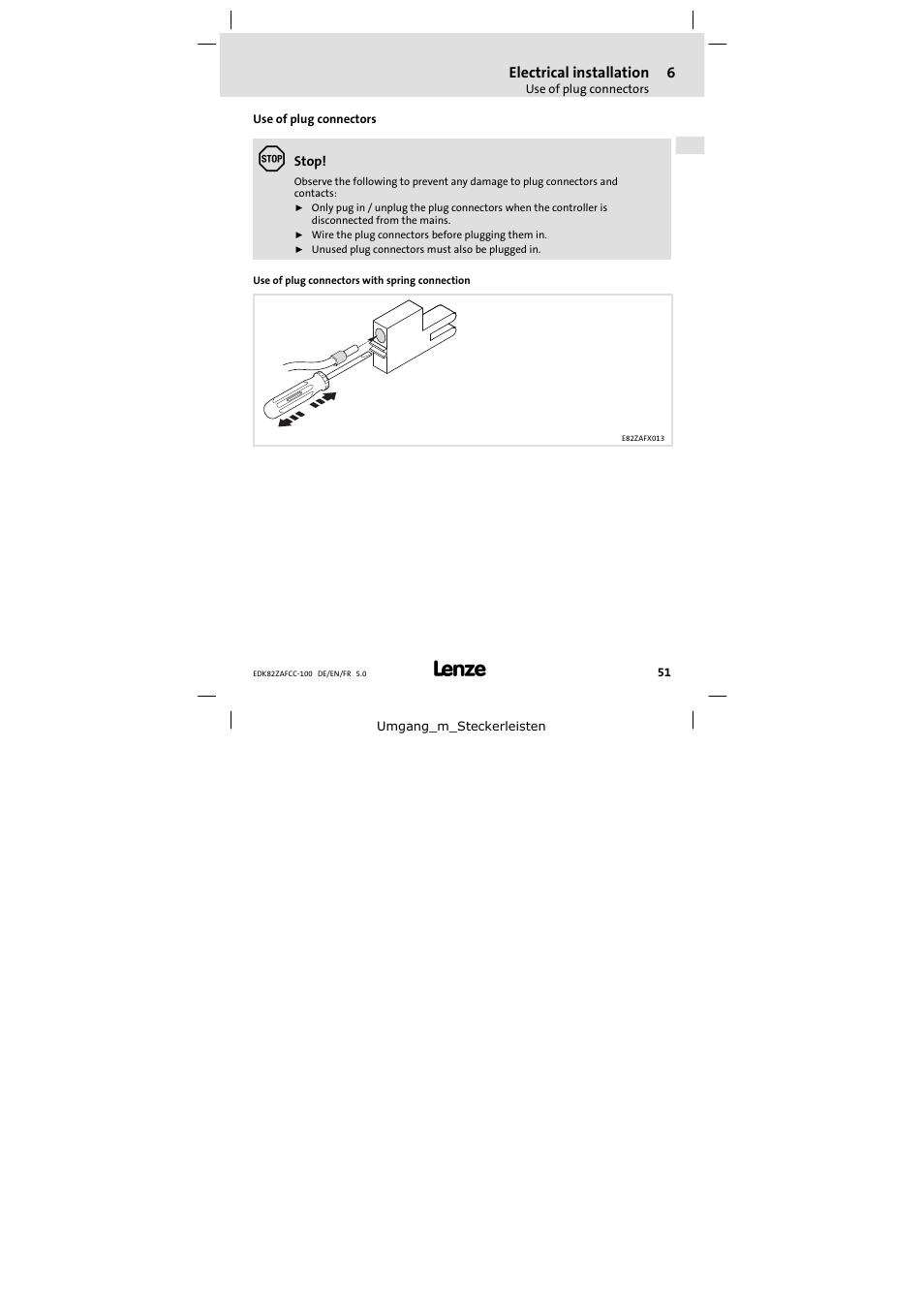 Use of plug connectors | Lenze E82ZAFCC100 User Manual | Page 51 / 96