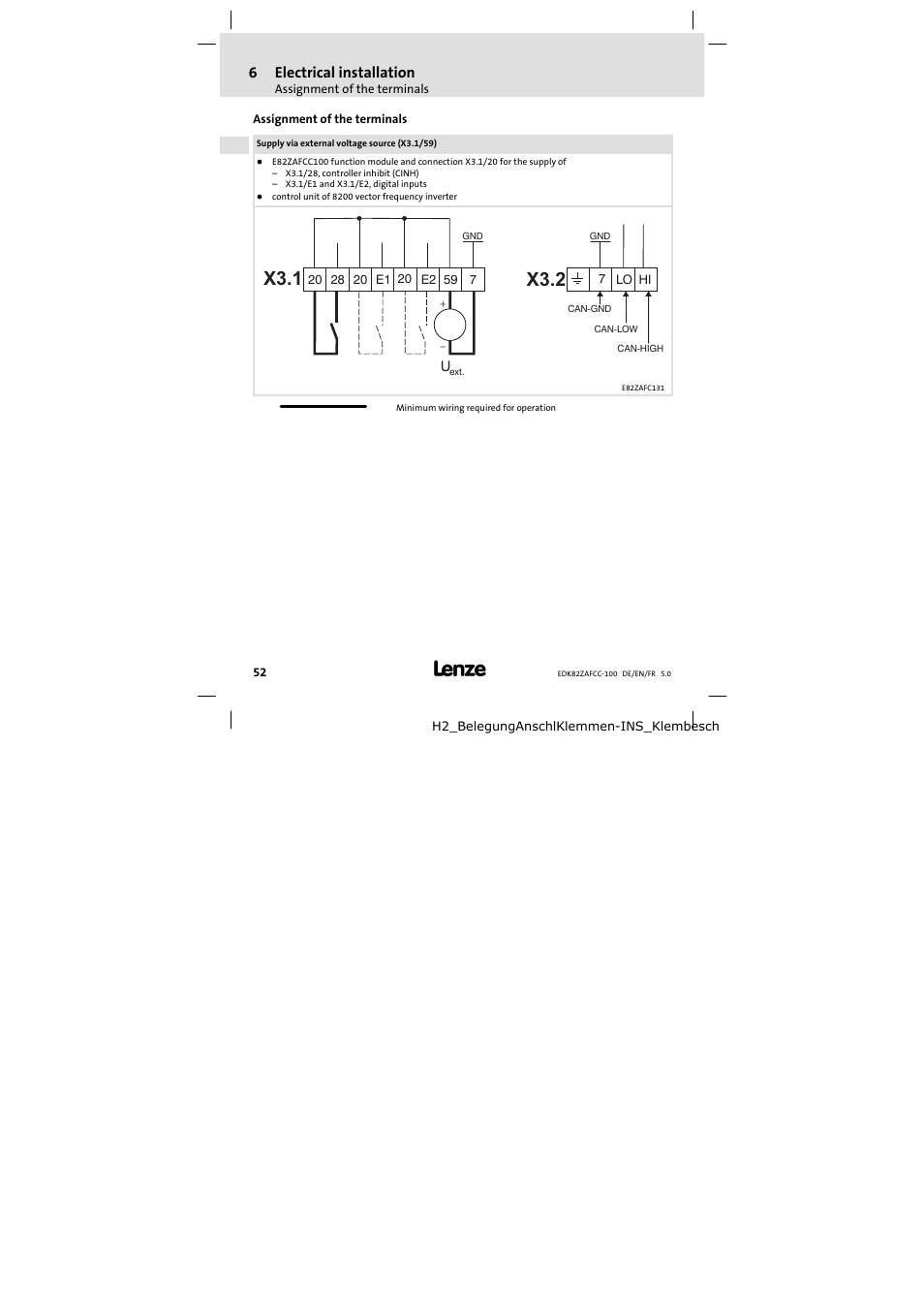 Assignment of the terminals, X3.1, X3.2 | Lenze E82ZAFCC100 User Manual | Page 52 / 96