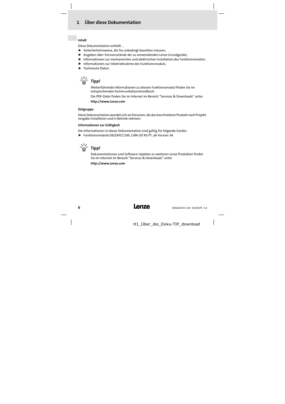 1 über diese dokumentation, Über diese dokumentation | Lenze E82ZAFCC100 User Manual | Page 6 / 96