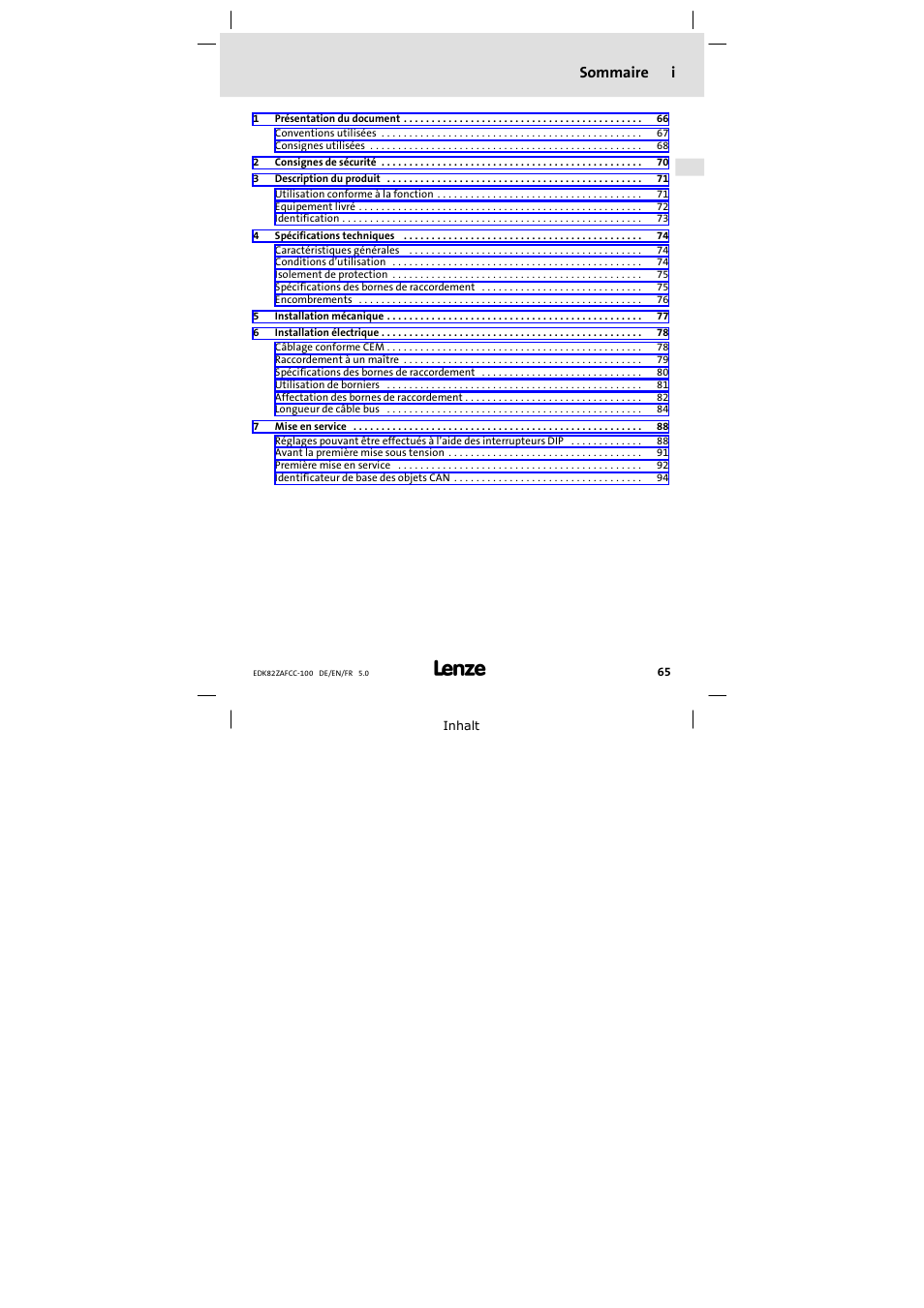 Sommaire, Sommaire i | Lenze E82ZAFCC100 User Manual | Page 65 / 96