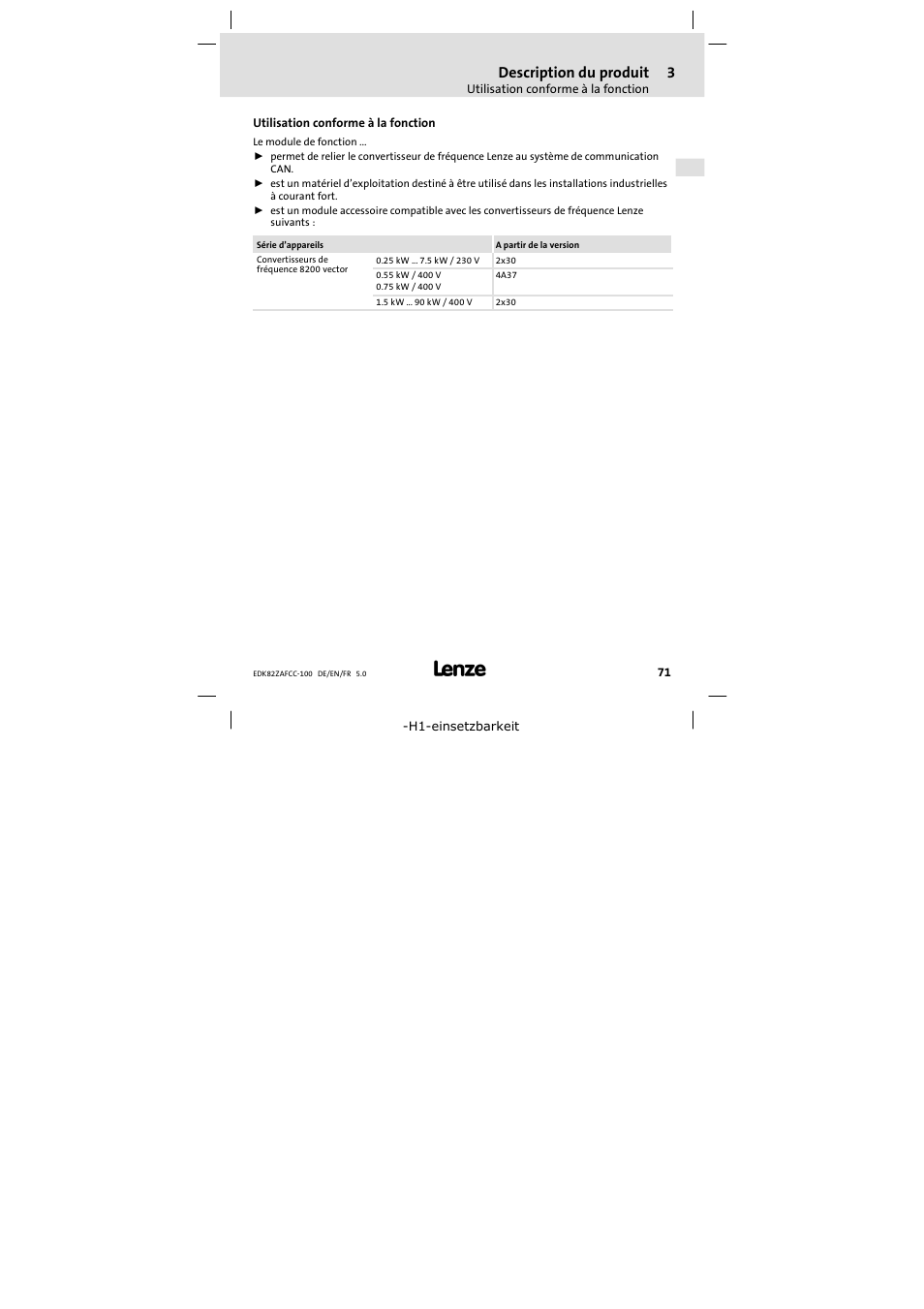 3 description du produit, Utilisation conforme à la fonction, Description du produit | Lenze E82ZAFCC100 User Manual | Page 71 / 96