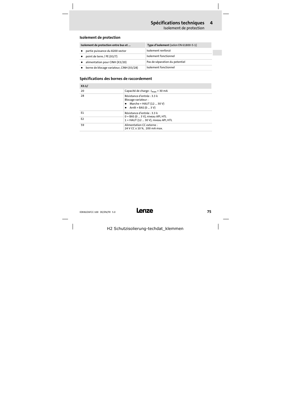 Isolement de protection, Spécifications des bornes de raccordement, Spécifications techniques | Lenze E82ZAFCC100 User Manual | Page 75 / 96
