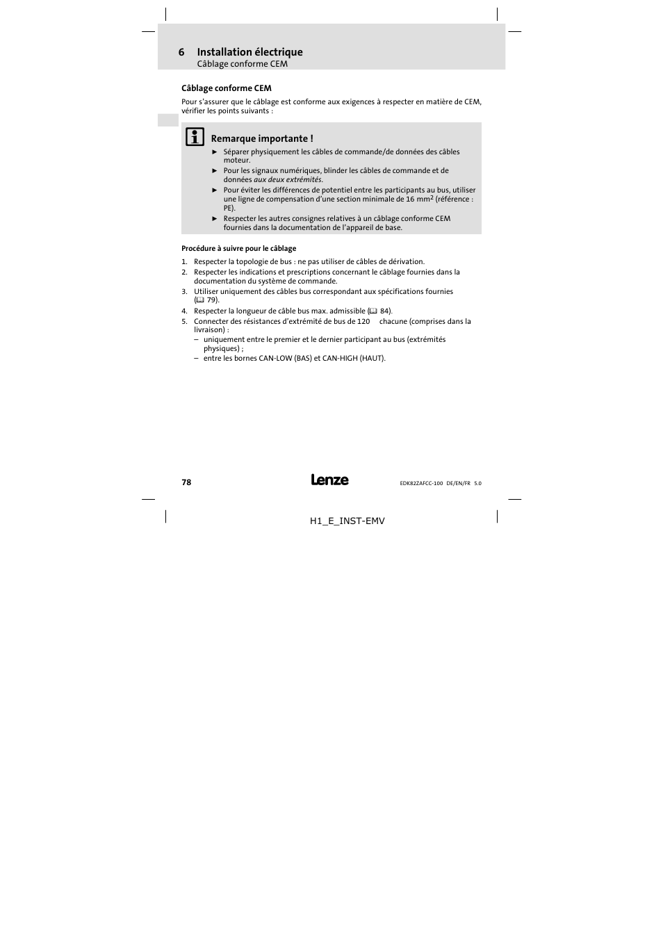 6 installation électrique, Câblage conforme cem, Installation électrique | 6installation électrique | Lenze E82ZAFCC100 User Manual | Page 78 / 96