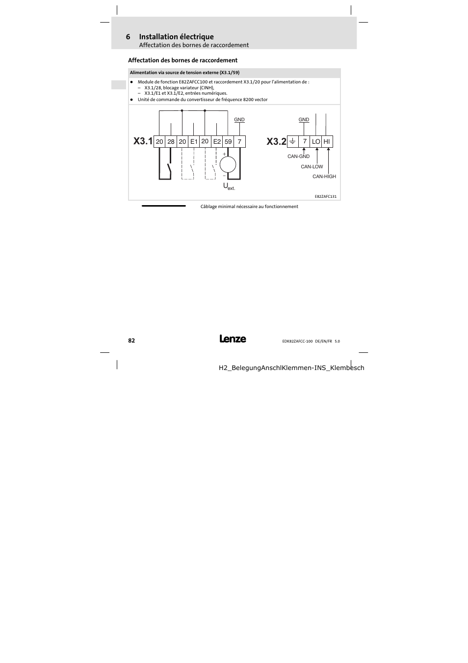 Affectation des bornes de raccordement, X3.1, X3.2 | Lenze E82ZAFCC100 User Manual | Page 82 / 96