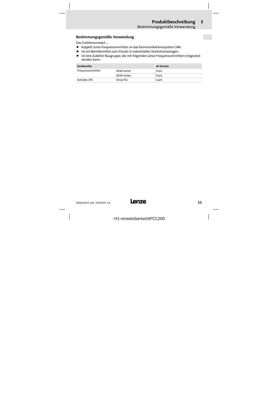 3 produktbeschreibung, Bestimmungsgemäße verwendung, Produktbeschreibung | Lenze E82ZAFCC200 User Manual | Page 11 / 94