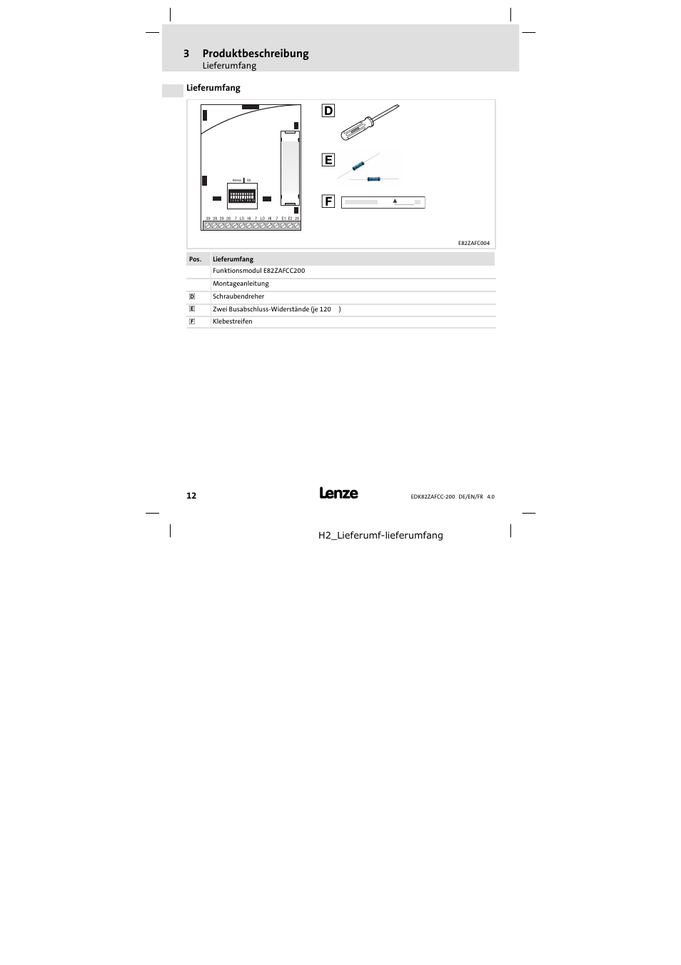 Lieferumfang, 3produktbeschreibung | Lenze E82ZAFCC200 User Manual | Page 12 / 94