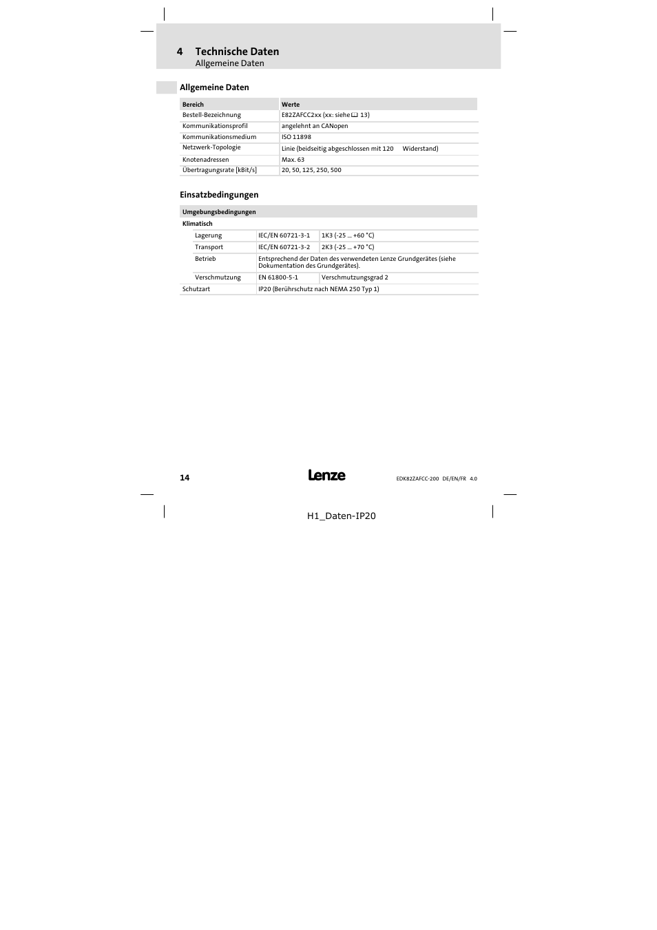 4 technische daten, Allgemeine daten, Einsatzbedingungen | Technische daten, 4technische daten | Lenze E82ZAFCC200 User Manual | Page 14 / 94