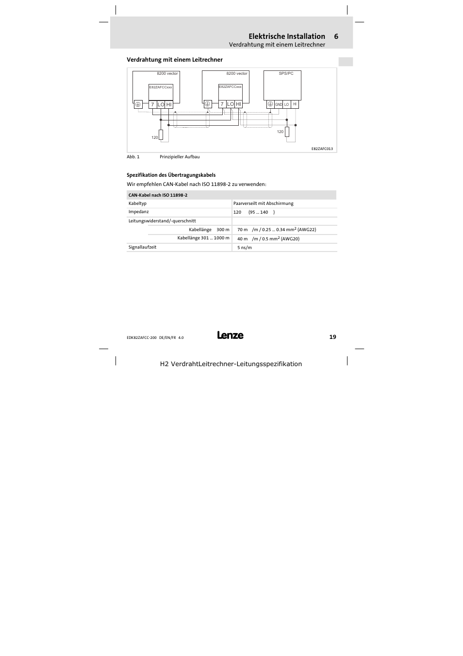 Verdrahtungmit einemleitrechner, Verdrahtung mit einem leitrechner, Elektrische installation | Lenze E82ZAFCC200 User Manual | Page 19 / 94