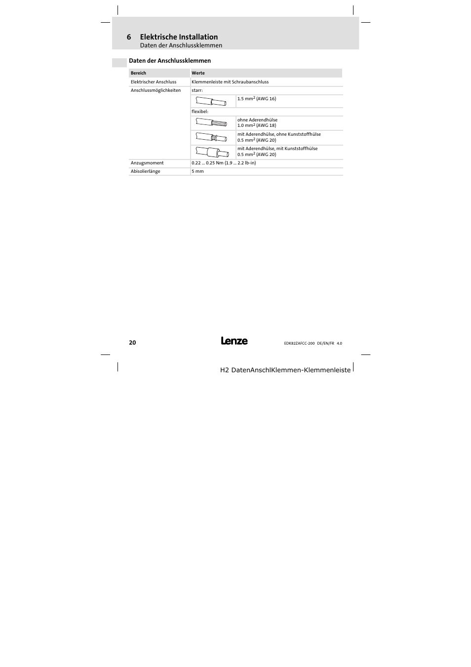 Daten der anschlussklemmen, 6elektrische installation | Lenze E82ZAFCC200 User Manual | Page 20 / 94