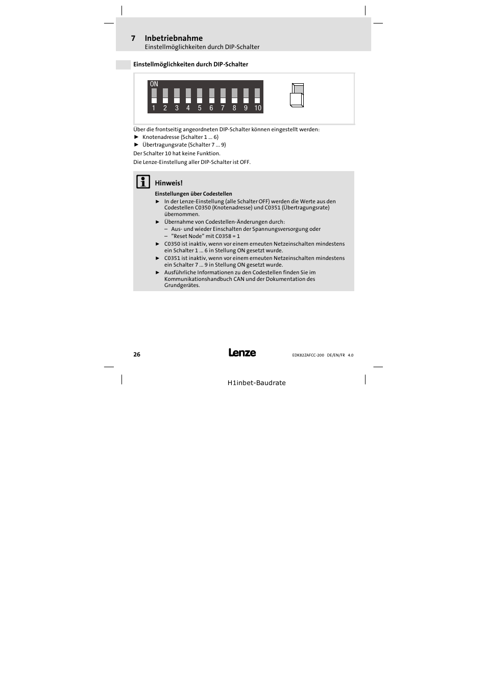 7 inbetriebnahme, Einstellmöglichkeiten durch dip-schalter, Inbetriebnahme | 7inbetriebnahme | Lenze E82ZAFCC200 User Manual | Page 26 / 94