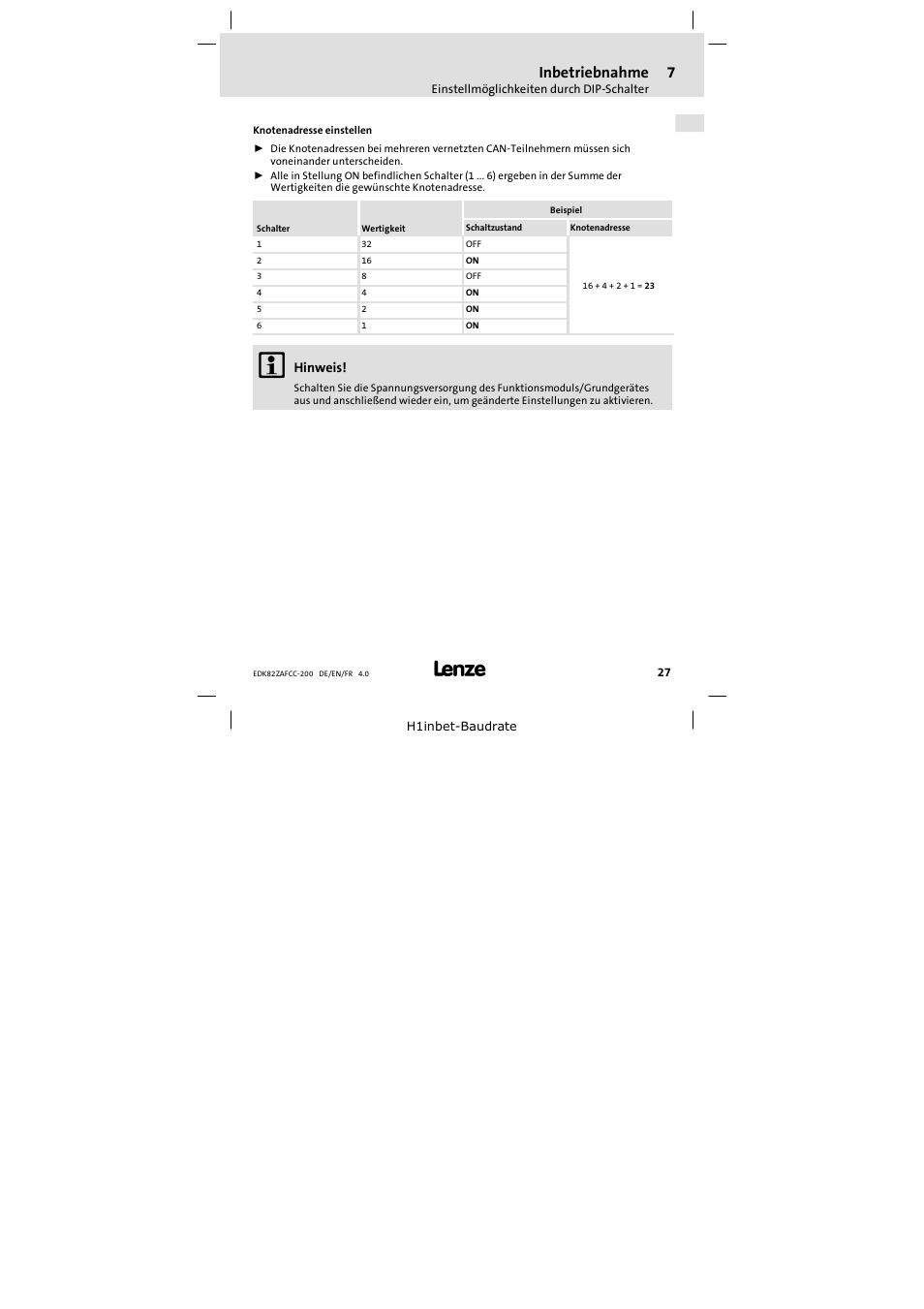 Inbetriebnahme | Lenze E82ZAFCC200 User Manual | Page 27 / 94