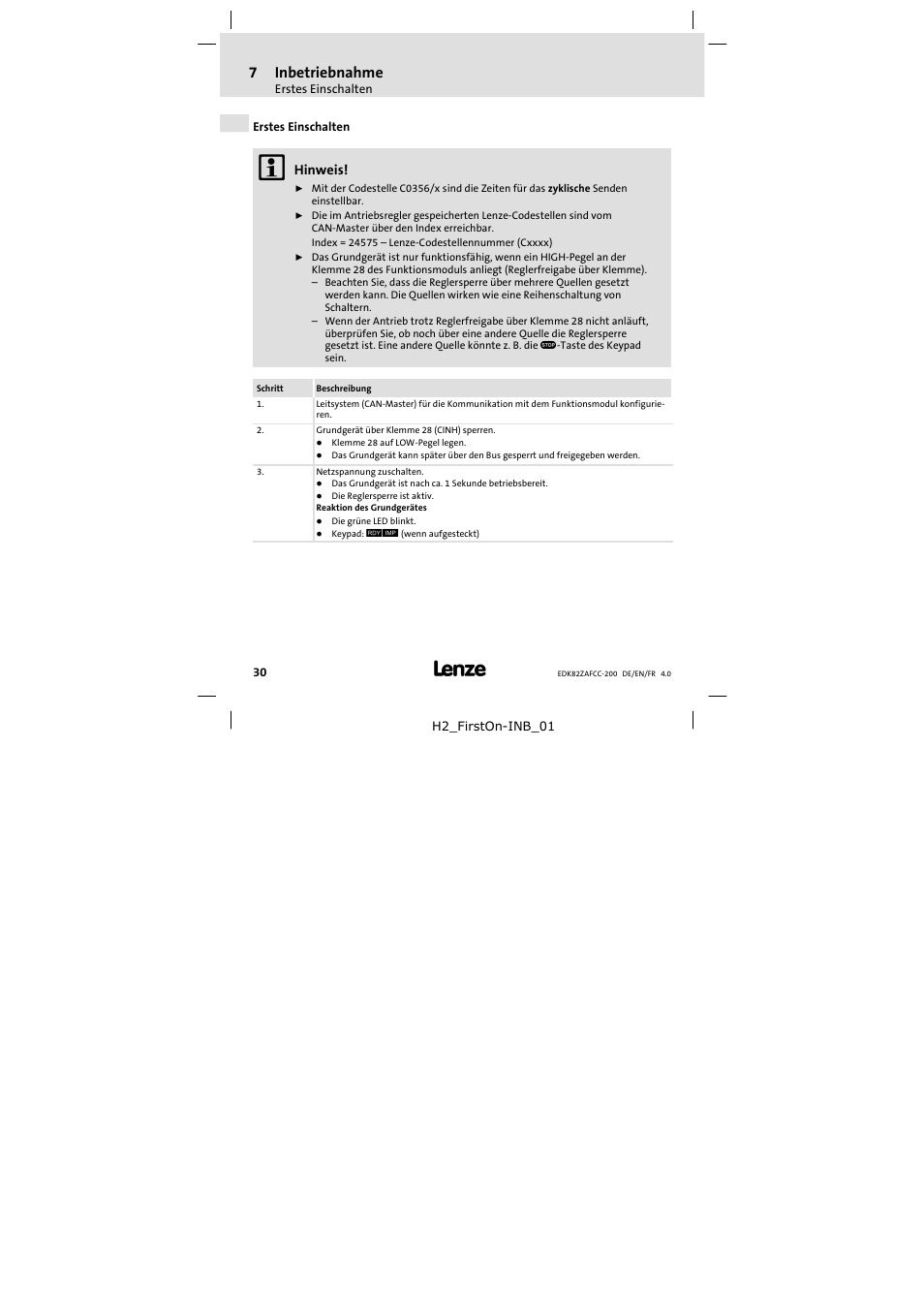 Erstes einschalten, 7inbetriebnahme | Lenze E82ZAFCC200 User Manual | Page 30 / 94