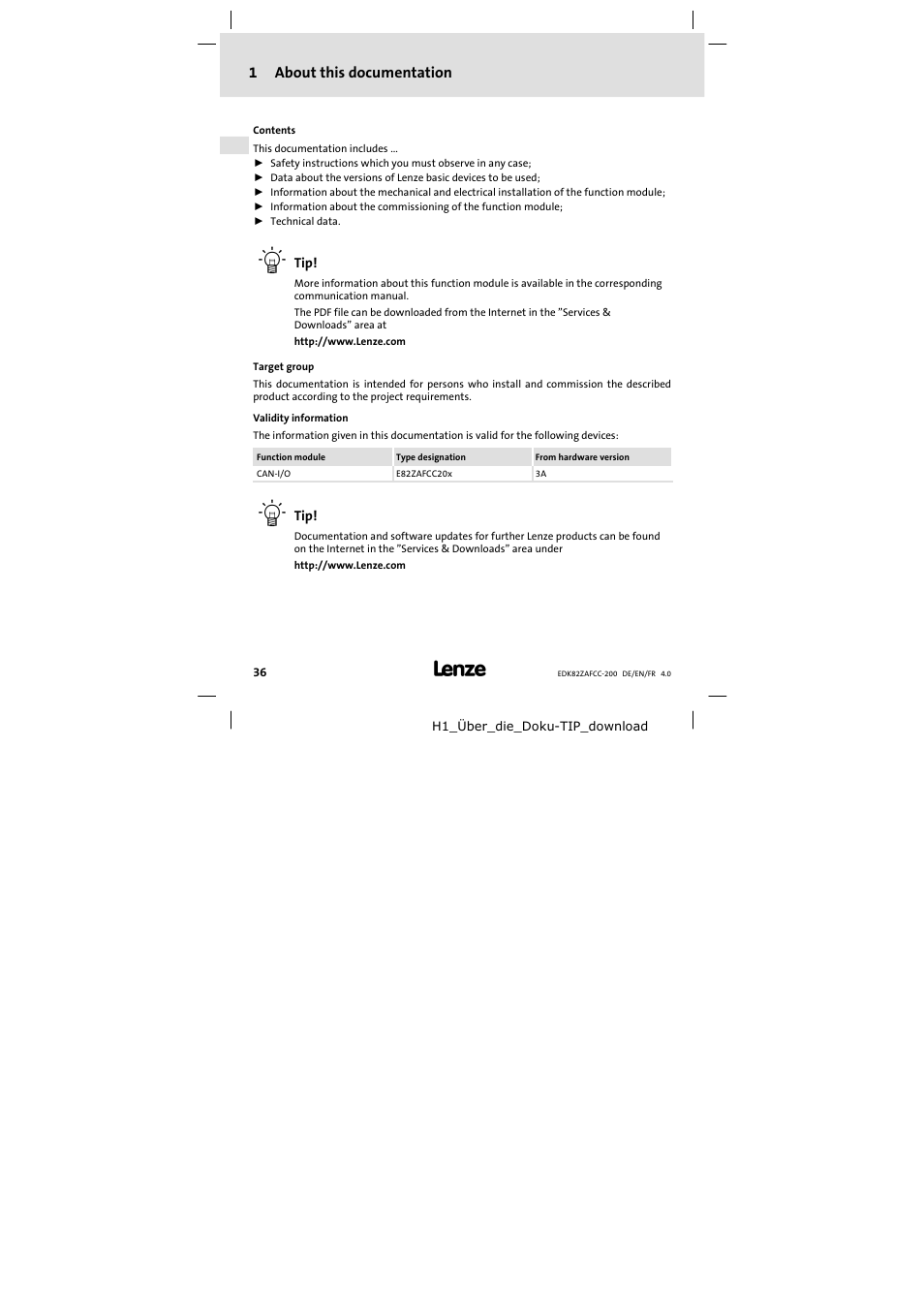 1 about this documentation, About this documentation | Lenze E82ZAFCC200 User Manual | Page 36 / 94