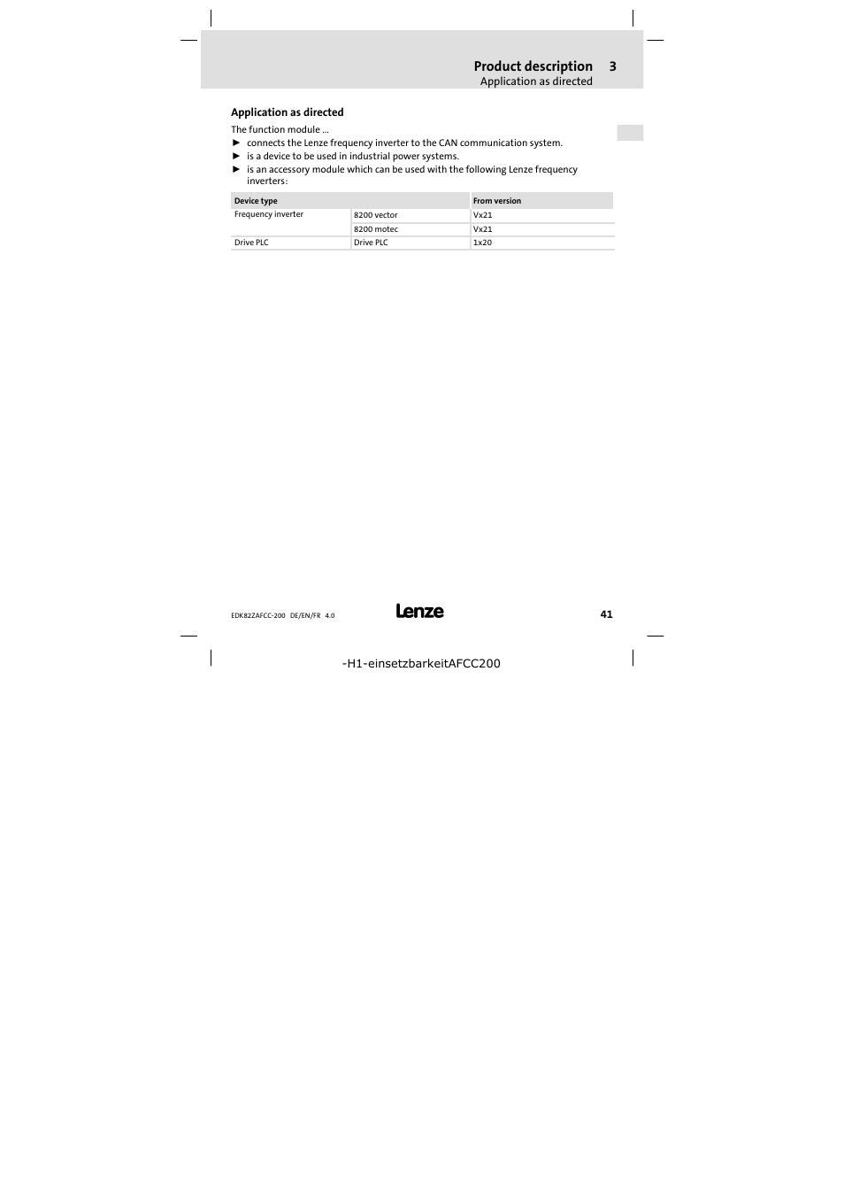 3 product description, Application as directed, Product description | Lenze E82ZAFCC200 User Manual | Page 41 / 94