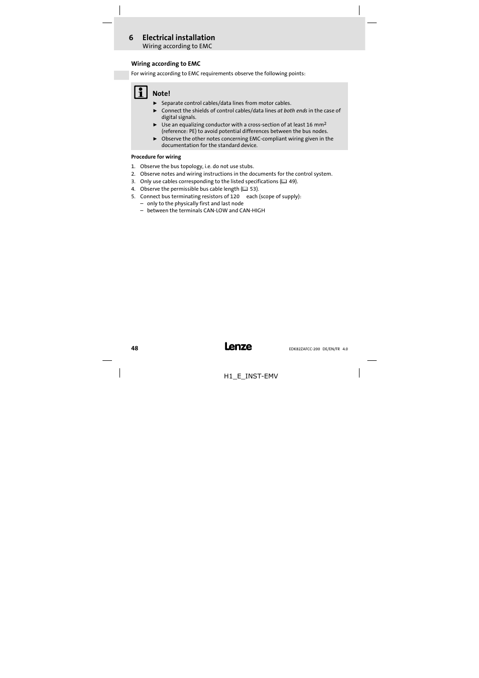 Mechanical installation, 6electrical installation | Lenze E82ZAFCC200 User Manual | Page 48 / 94