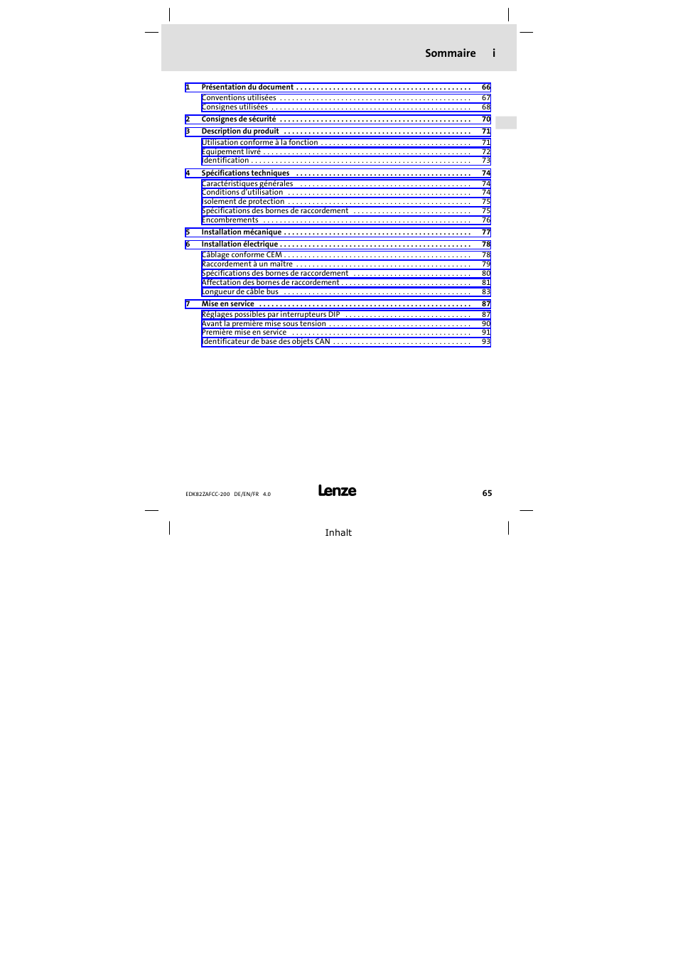 Sommaire, Sommaire i | Lenze E82ZAFCC200 User Manual | Page 65 / 94