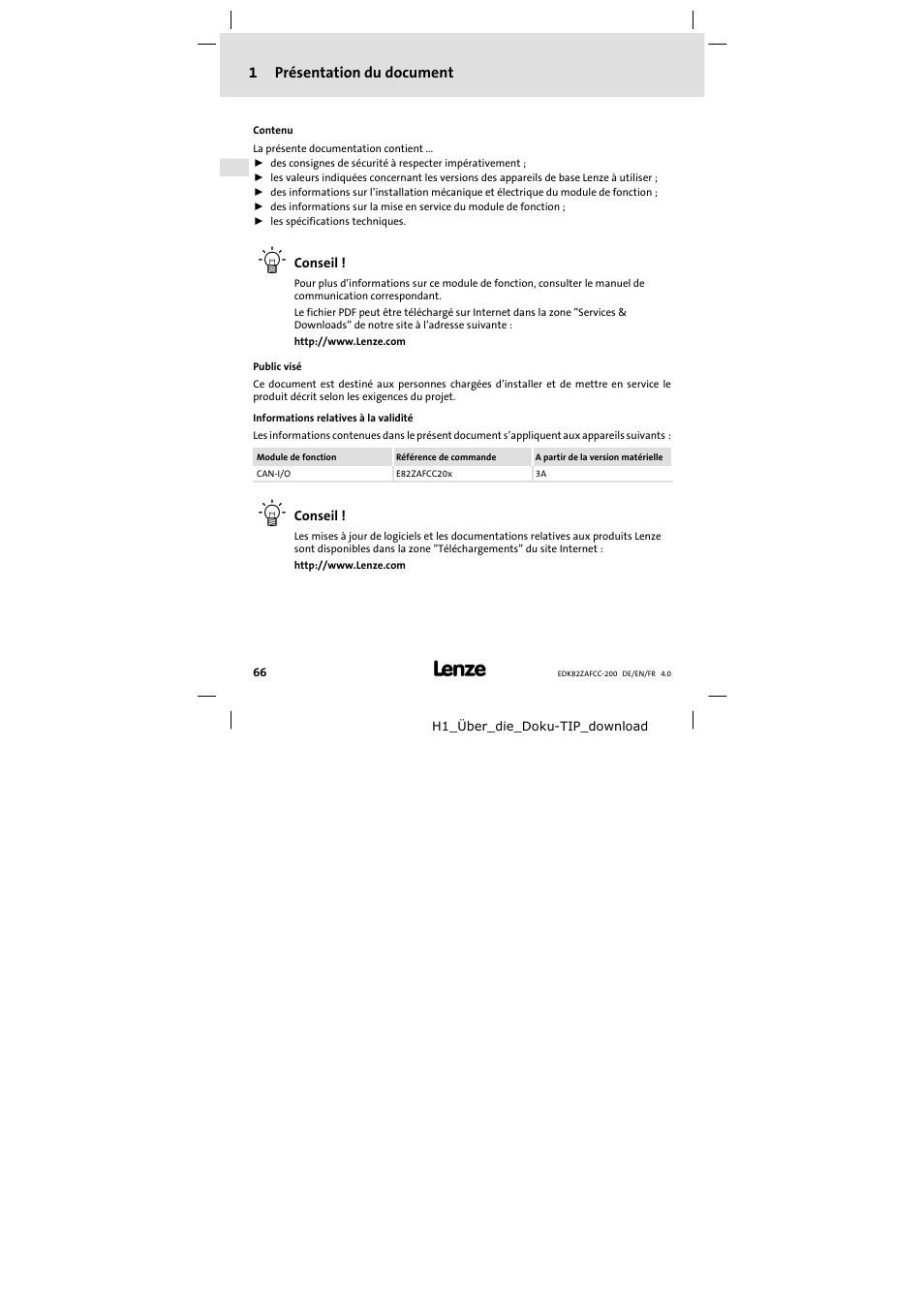 1 présentation du document, Présentation du document | Lenze E82ZAFCC200 User Manual | Page 66 / 94