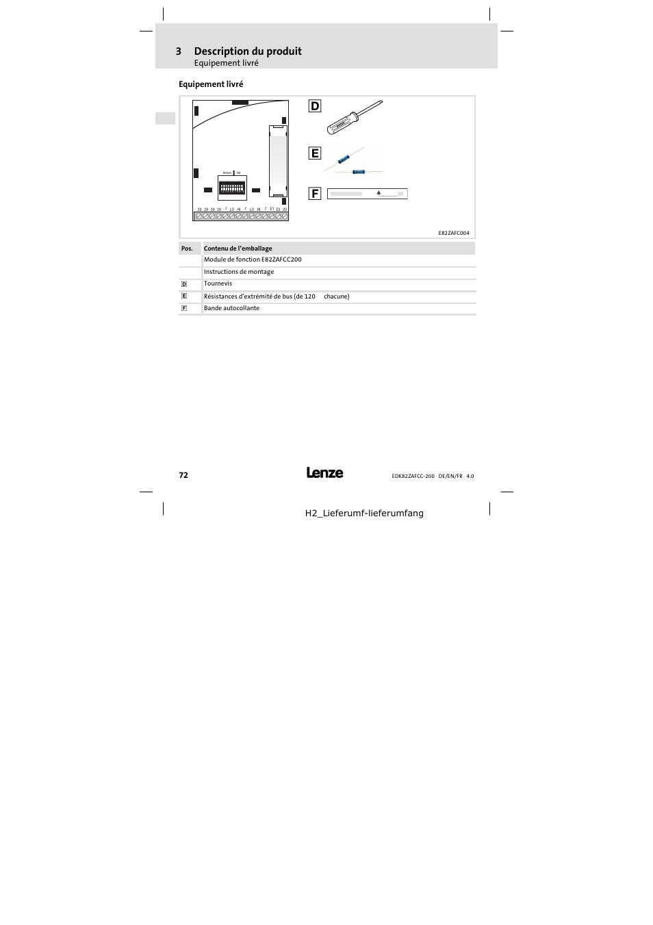 Equipement livré, 3description du produit | Lenze E82ZAFCC200 User Manual | Page 72 / 94