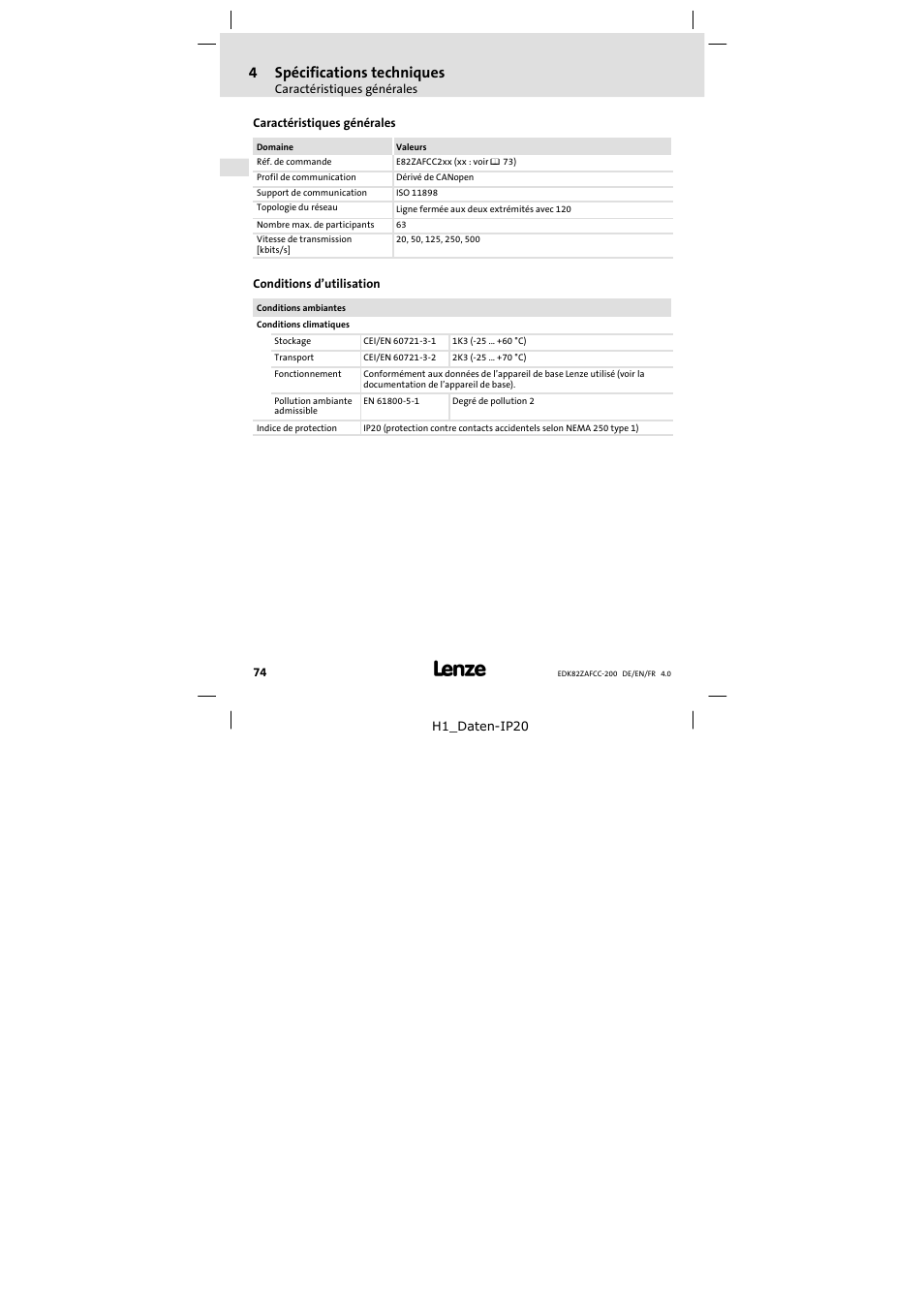 4 spécifications techniques, Caractéristiques générales, Conditions d'utilisation | Spécifications techniques, Conditions d’utilisation, 4spécifications techniques | Lenze E82ZAFCC200 User Manual | Page 74 / 94