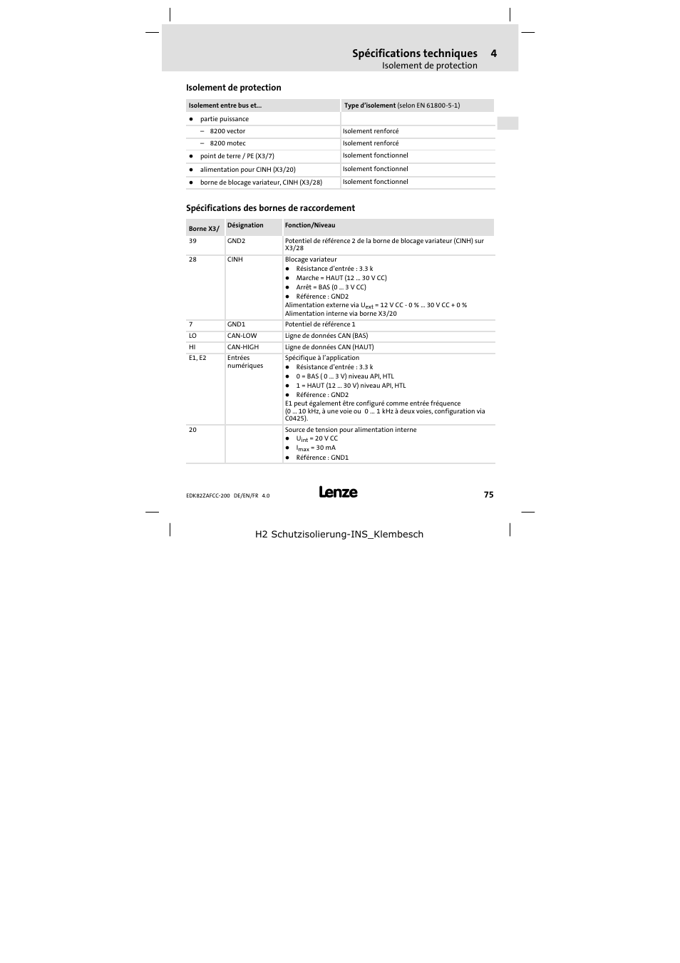 Isolement de protection, Spécifications des bornes de raccordement, Spécifications techniques | Lenze E82ZAFCC200 User Manual | Page 75 / 94