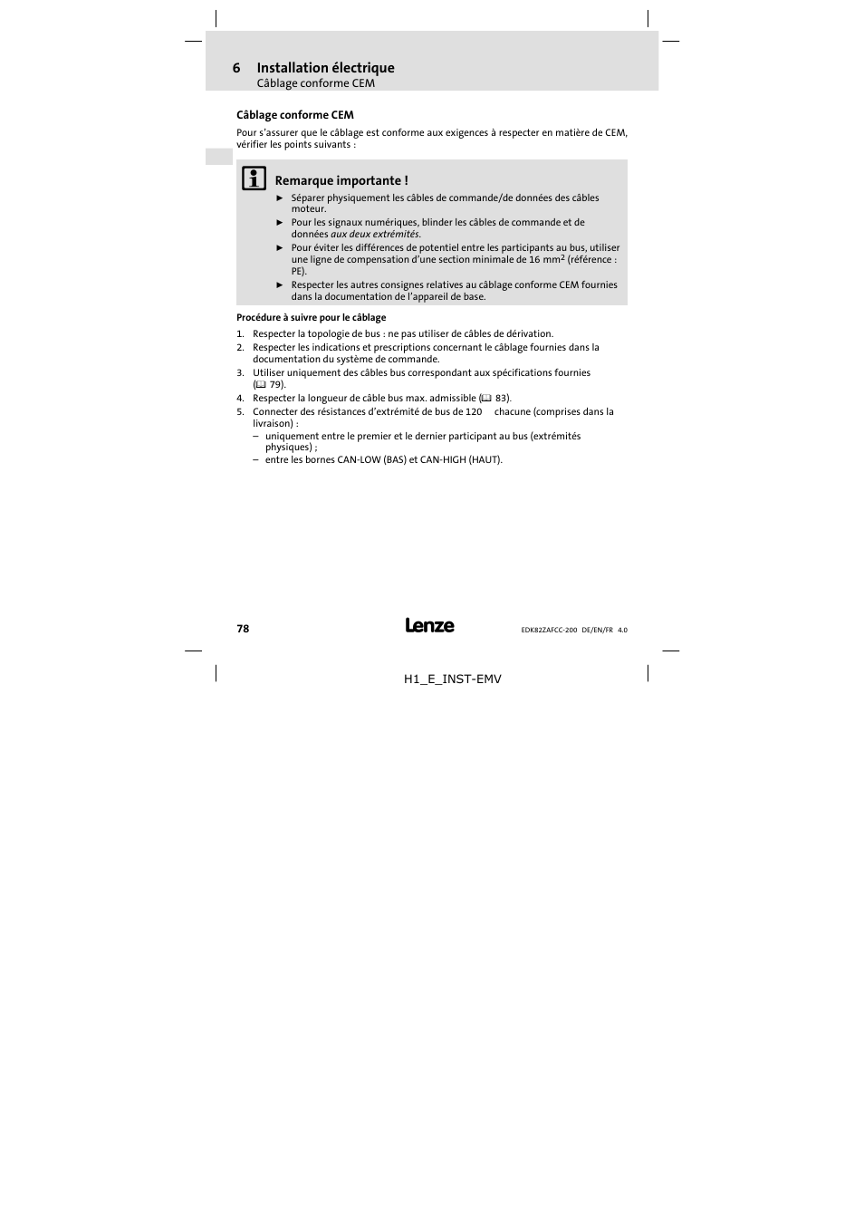 6 installation électrique, Câblage conforme cem, Installation électrique | 6installation électrique | Lenze E82ZAFCC200 User Manual | Page 78 / 94