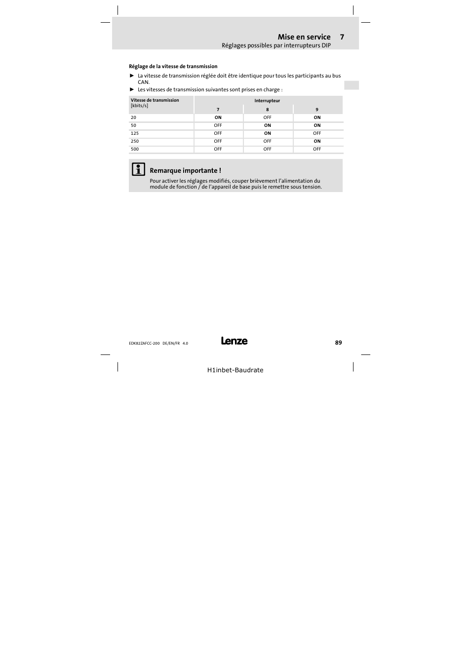 Mise en service | Lenze E82ZAFCC200 User Manual | Page 89 / 94