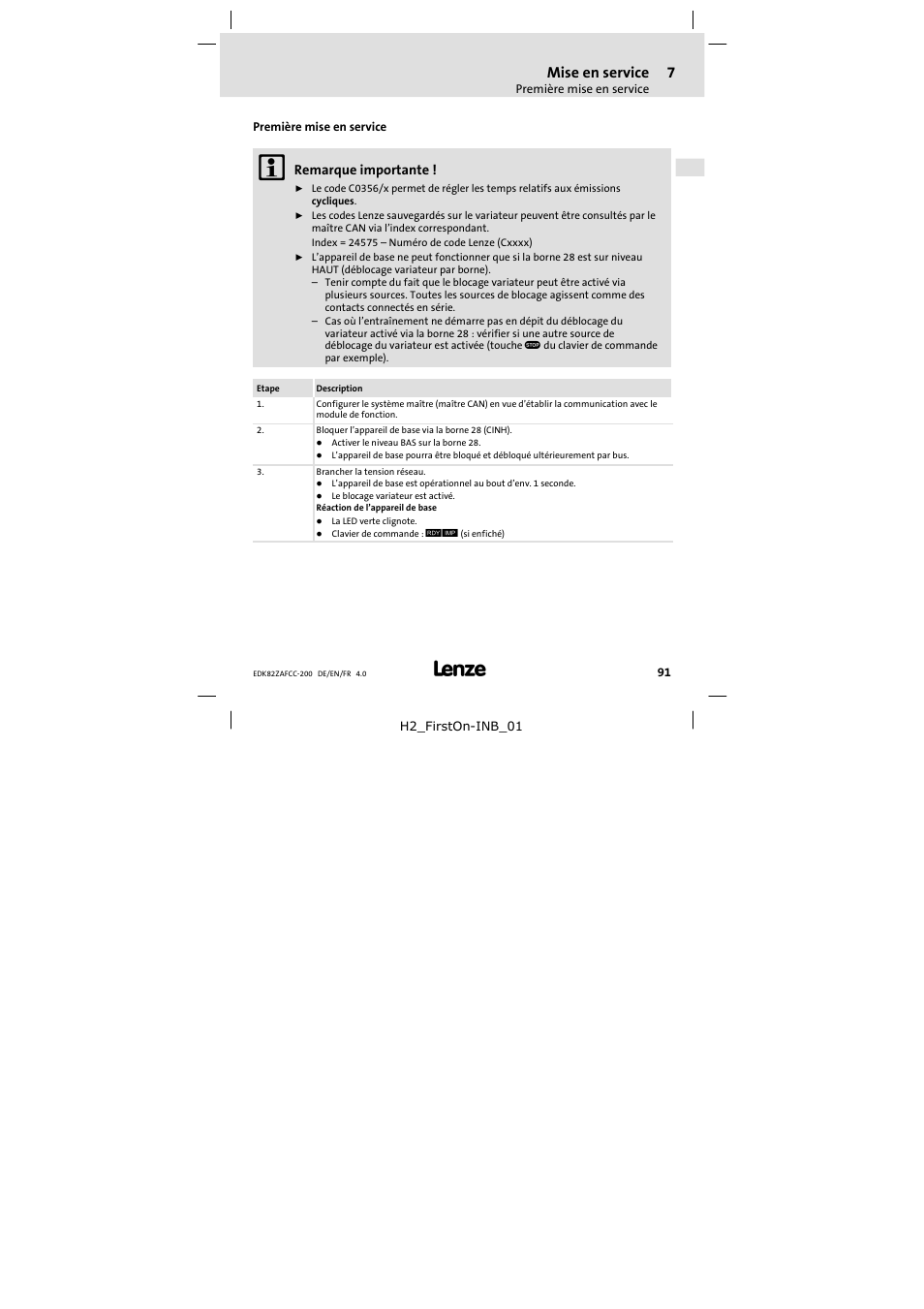 Premièremise en service, Première mise en service, Mise en service | Lenze E82ZAFCC200 User Manual | Page 91 / 94