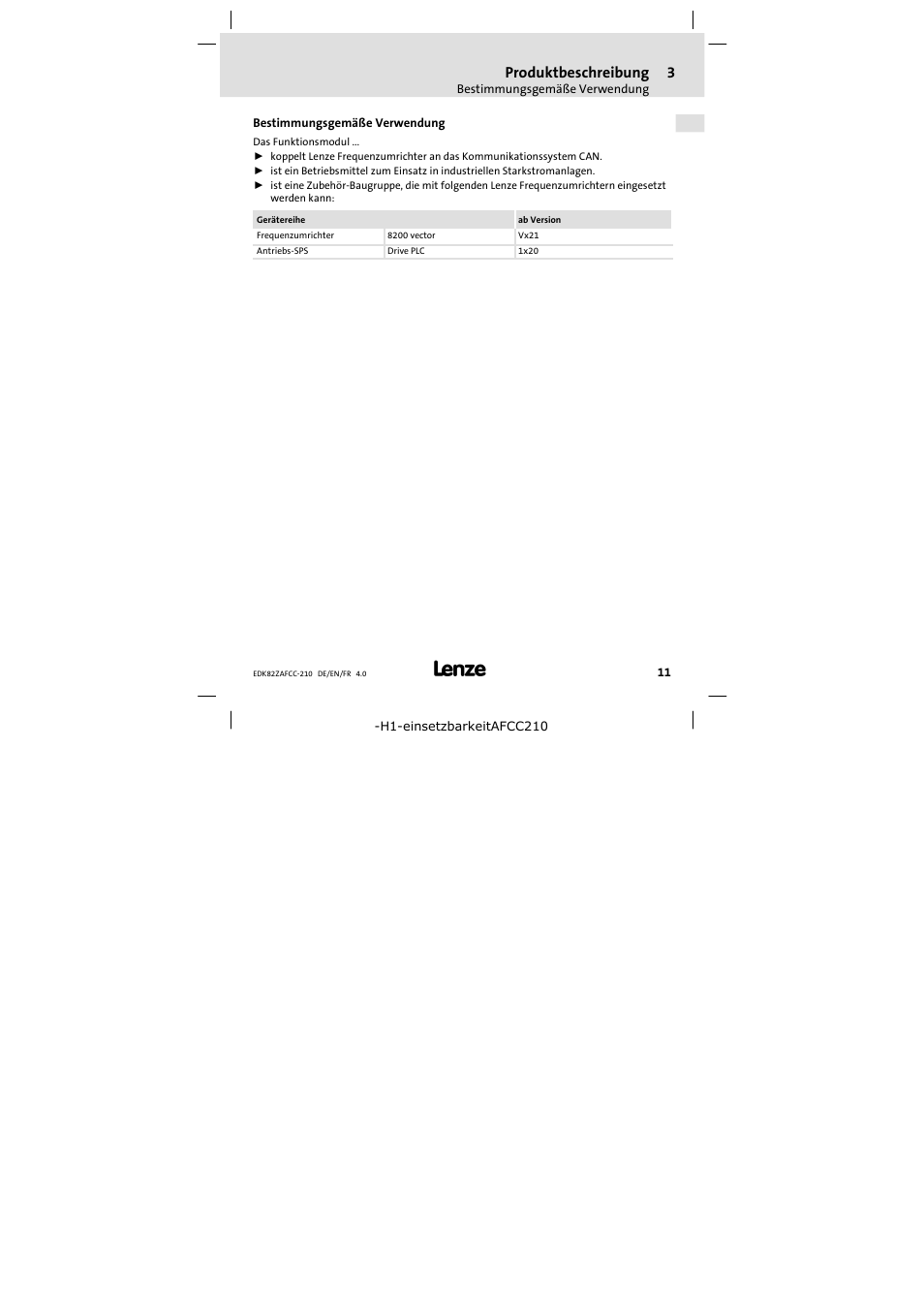 3 produktbeschreibung, Bestimmungsgemäße verwendung, Produktbeschreibung | Lenze E82ZAFCC210 User Manual | Page 11 / 96