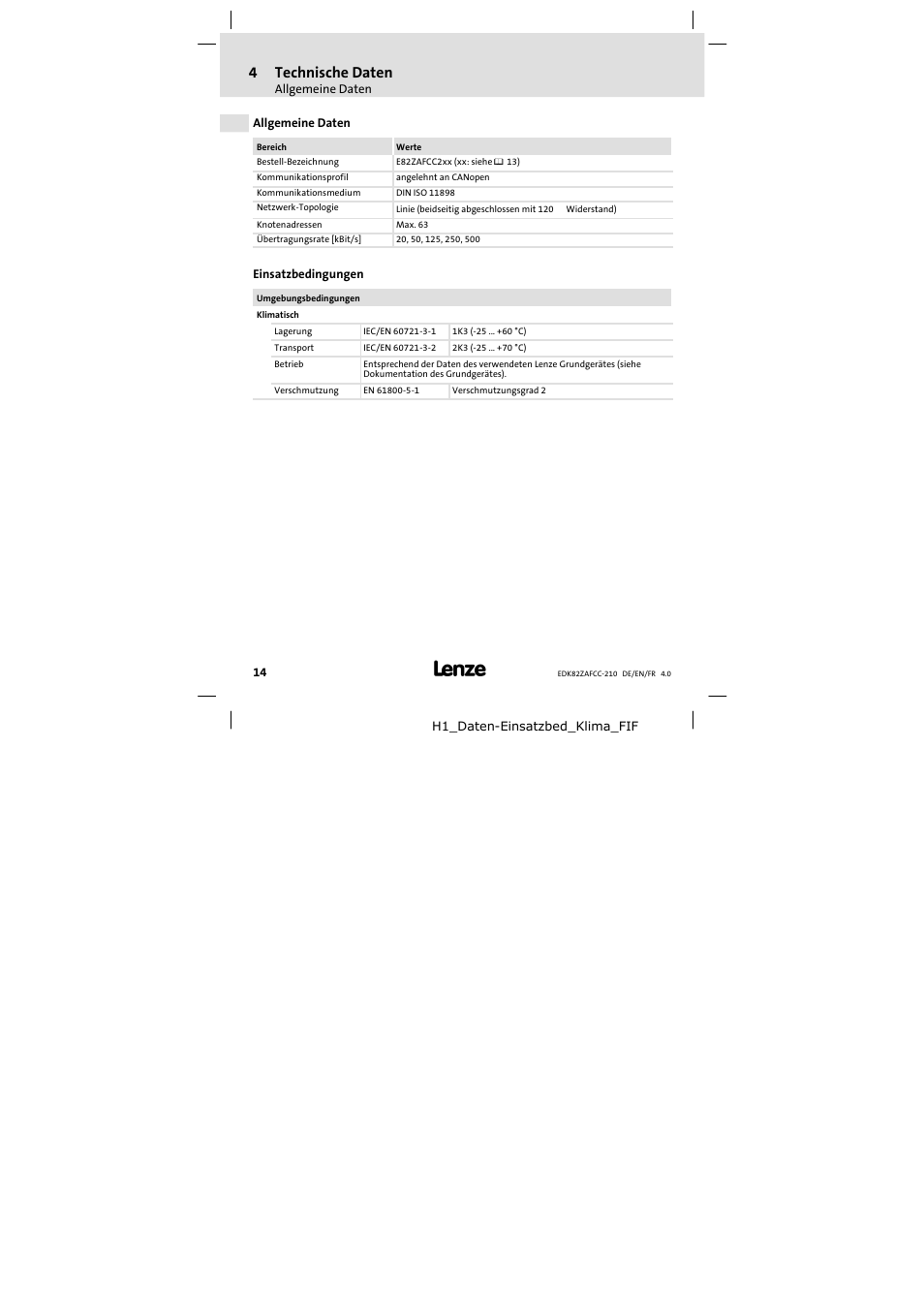4 technische daten, Allgemeine daten, Einsatzbedingungen | Technische daten, 4technische daten | Lenze E82ZAFCC210 User Manual | Page 14 / 96