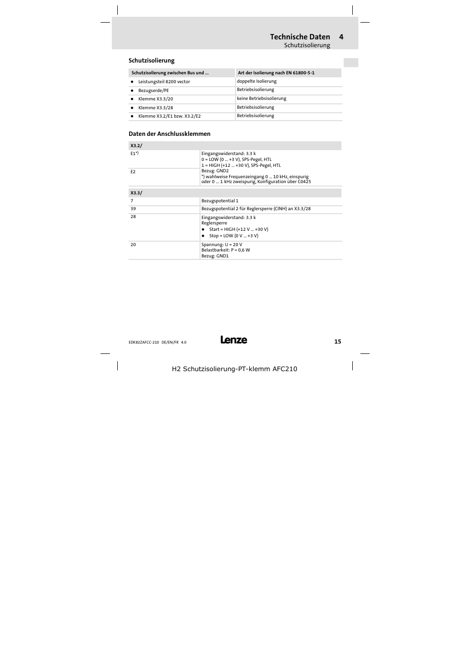 Schutzisolierung, Daten der anschlussklemmen, Technische daten | Lenze E82ZAFCC210 User Manual | Page 15 / 96