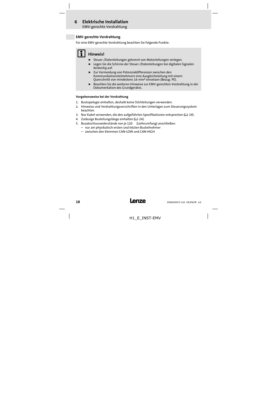6 elektrische installation, Emv-gerechte verdrahtung, Elektrische installation | 6elektrische installation | Lenze E82ZAFCC210 User Manual | Page 18 / 96