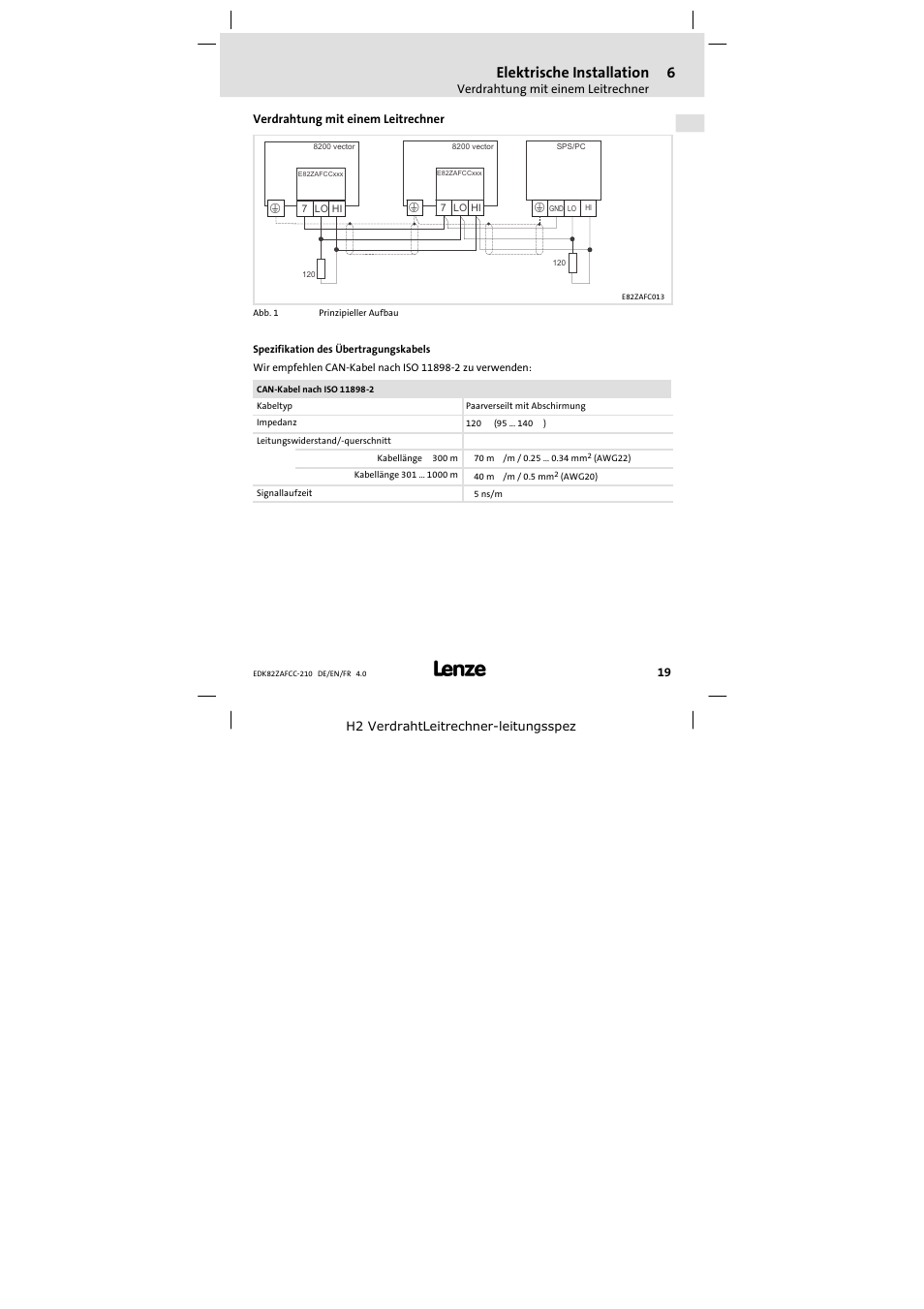 Verdrahtungmit einemleitrechner, Verdrahtung mit einem leitrechner, Elektrische installation | Lenze E82ZAFCC210 User Manual | Page 19 / 96