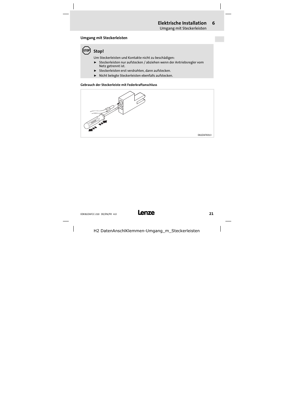 Umgangmit steckerleisten, Umgang mit steckerleisten | Lenze E82ZAFCC210 User Manual | Page 21 / 96