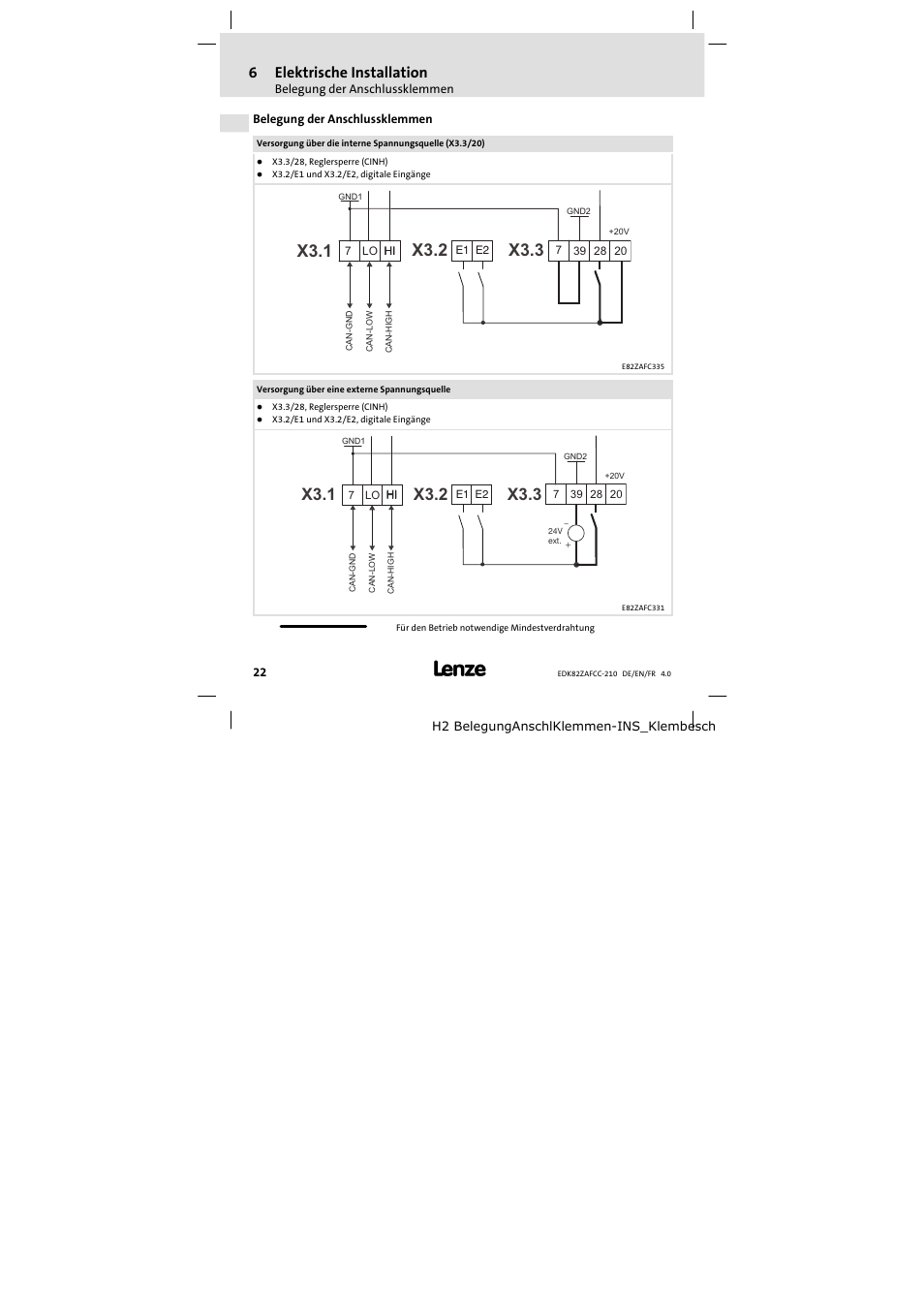 Belegung der anschlussklemmen, 6elektrische installation | Lenze E82ZAFCC210 User Manual | Page 22 / 96