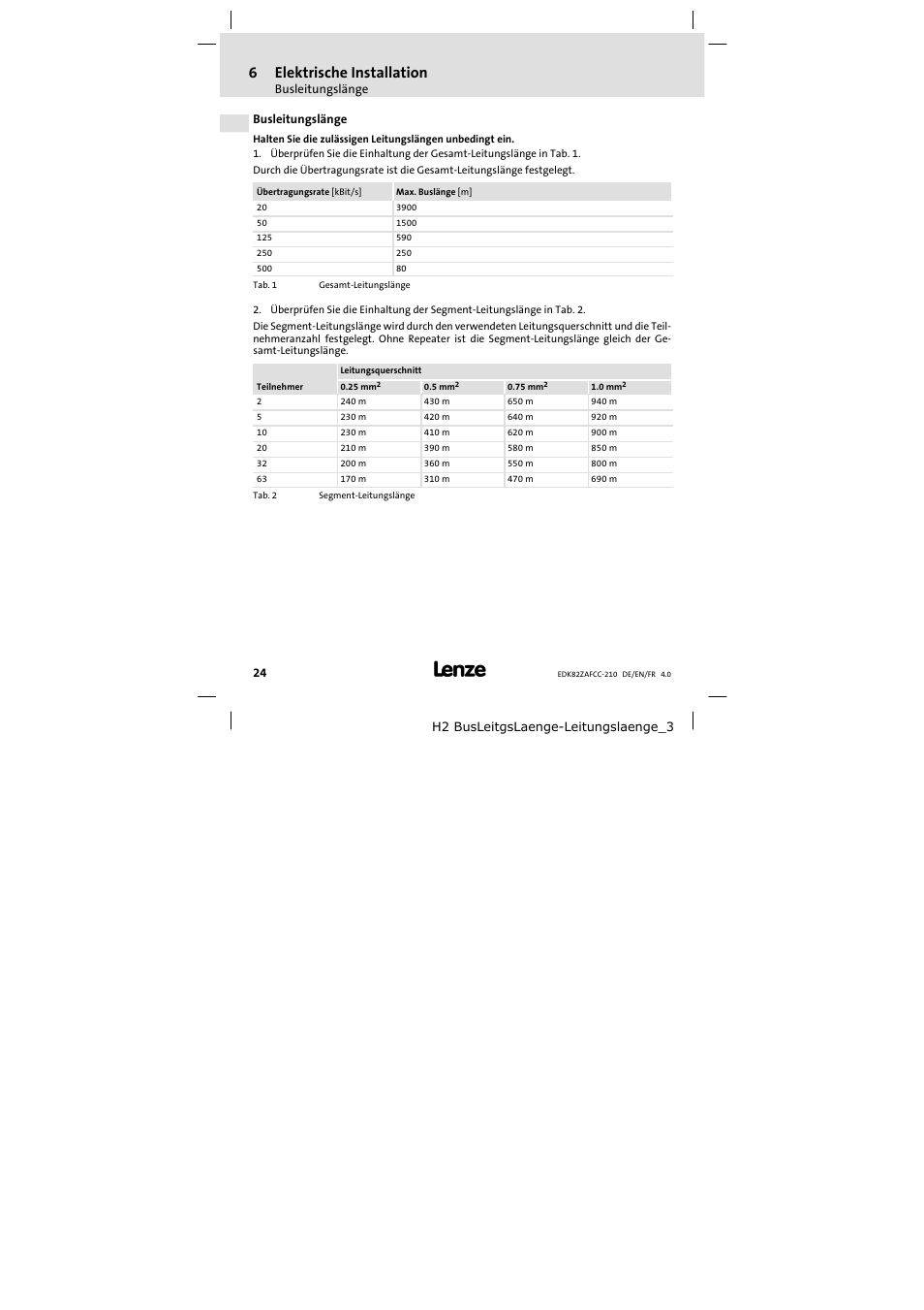 Busleitungslänge, 6elektrische installation | Lenze E82ZAFCC210 User Manual | Page 24 / 96