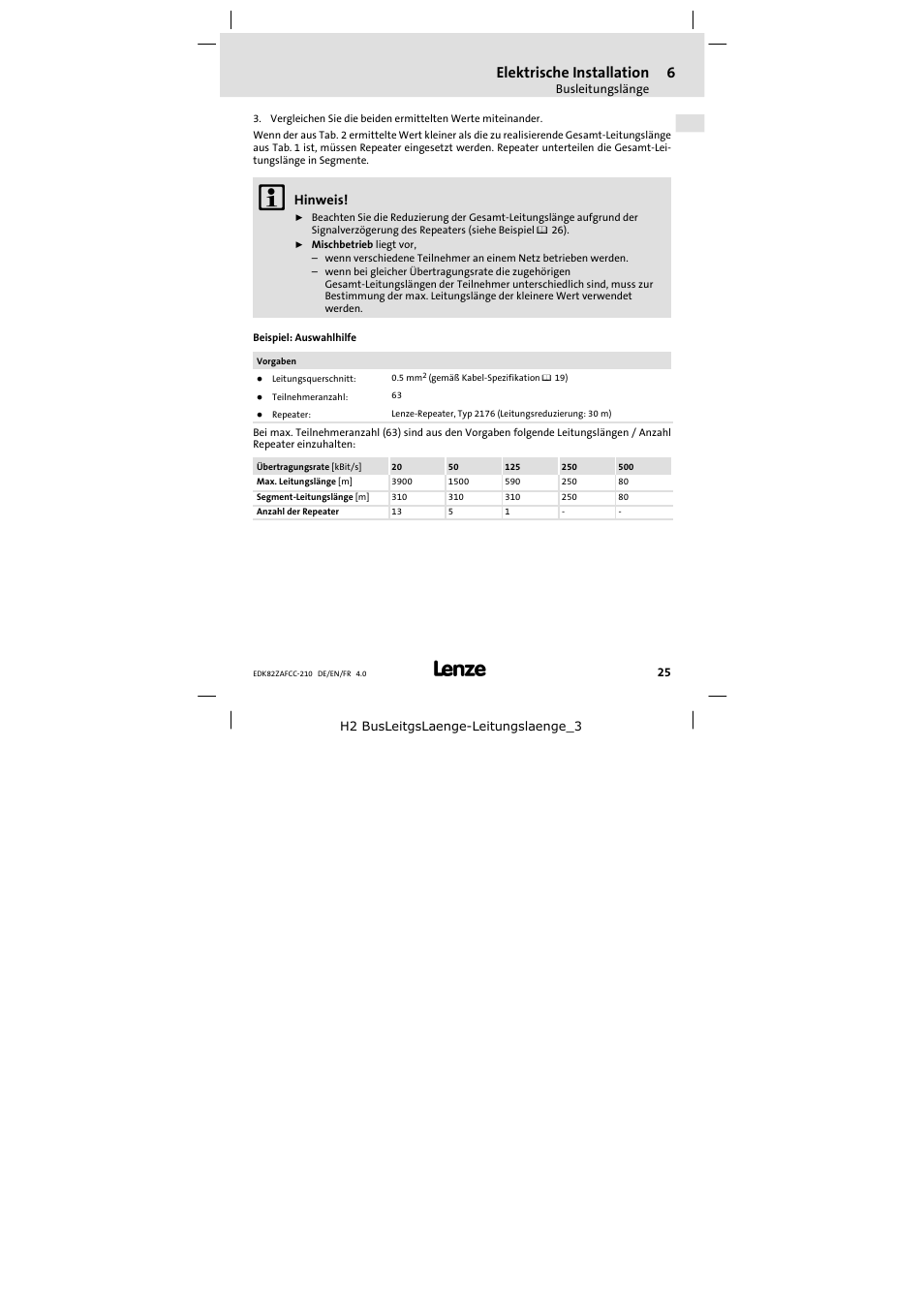 Elektrische installation, Hinweis | Lenze E82ZAFCC210 User Manual | Page 25 / 96