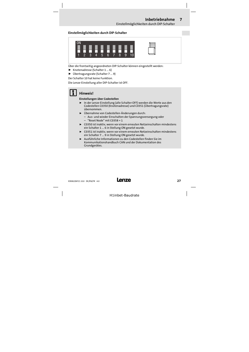 7 inbetriebnahme, Einstellmöglichkeiten durch dip-schalter, Inbetriebnahme | Lenze E82ZAFCC210 User Manual | Page 27 / 96