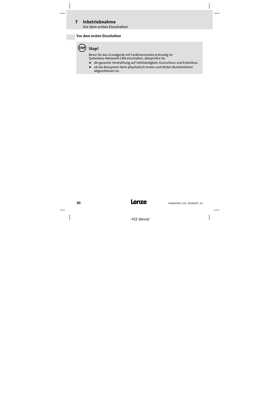 Vor demersten einschalten, Vor dem ersten einschalten | Lenze E82ZAFCC210 User Manual | Page 30 / 96